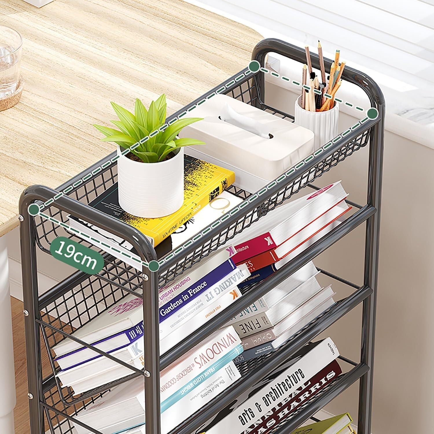 Rollbarer Bücherwagen mit Rädern für mobile Bücherregale, kompakter Schreibtisch-Aufbewahrungswagen, bodenstehendes Metall-Bücherregal/Eckregal, Zeitschriftenregal für enge Räume(Schwarz,5 Tier)