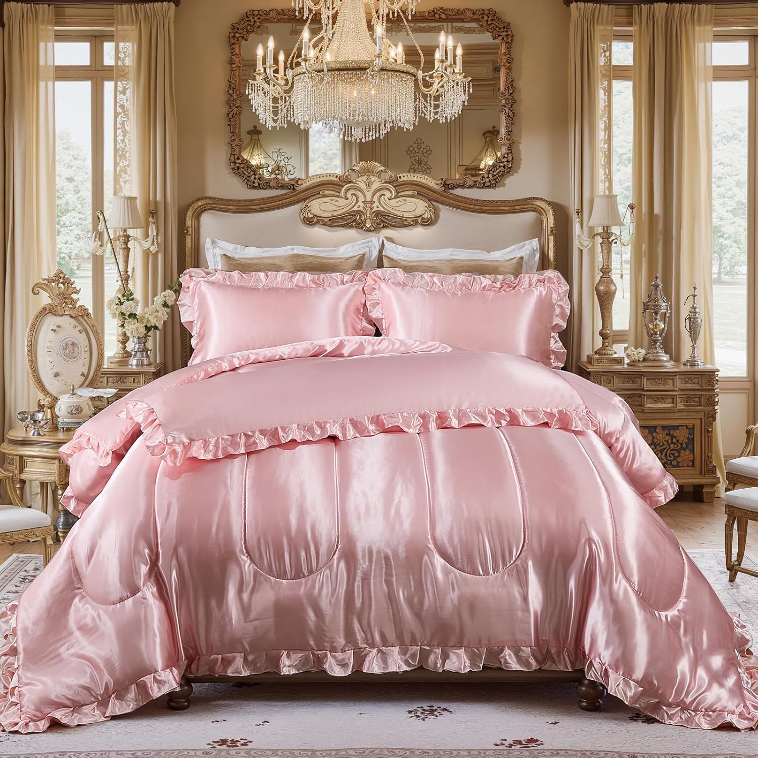 Satin Queen Comforter Set Silk Like Satin Bedding Set Hotel Soft Polyester Pink Bed Set Luxury Silky Pillow Cover with Quilt Set Ruffle Down Comforter Home Decor - Image 3