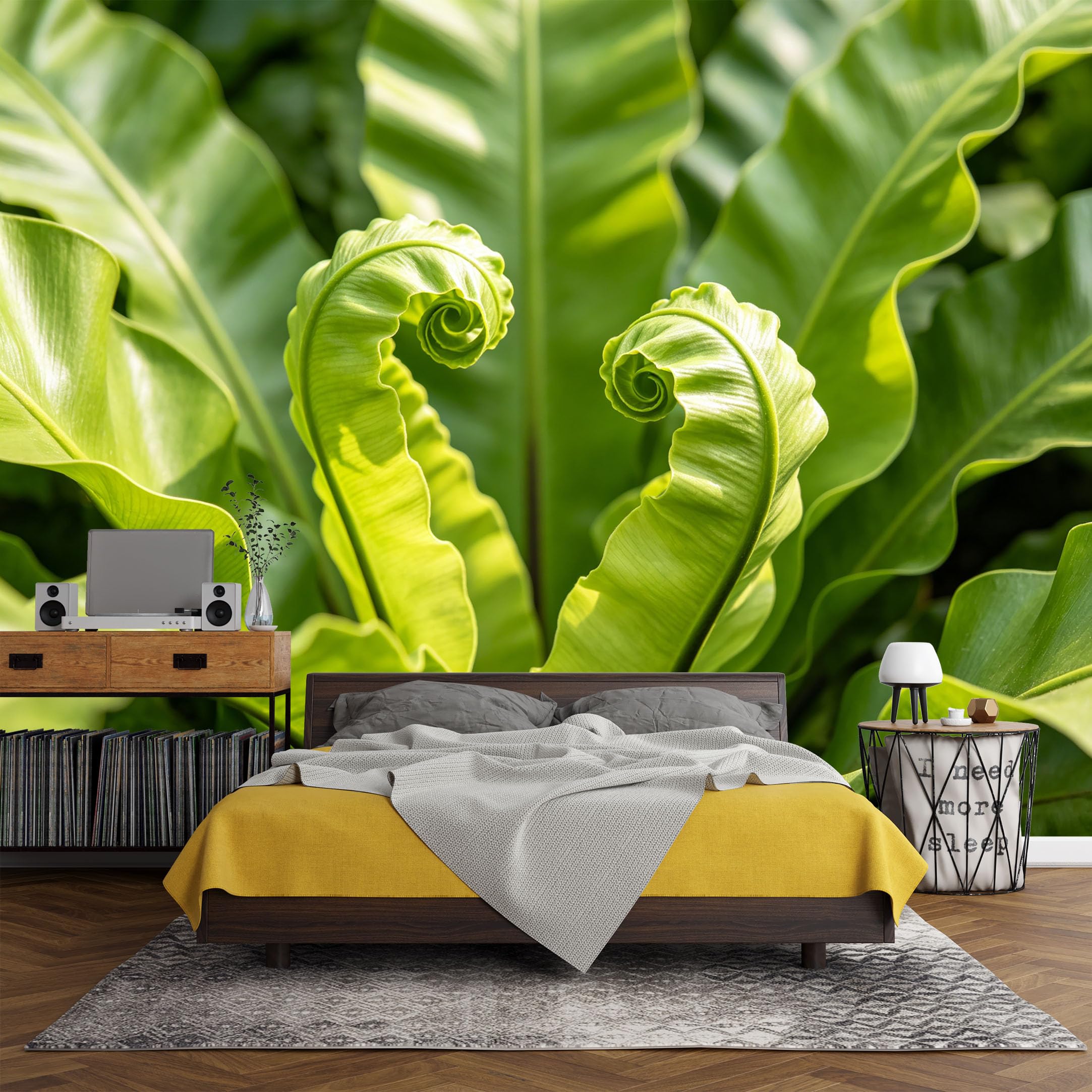 Custom Size Wall Mural， Botanical Green Fern Leaves Tropical Nature Foliage Jungle，SelfAdhesive Art Prints wall Fabric (No PVC) Removable Wallpaper Living Room Decor
