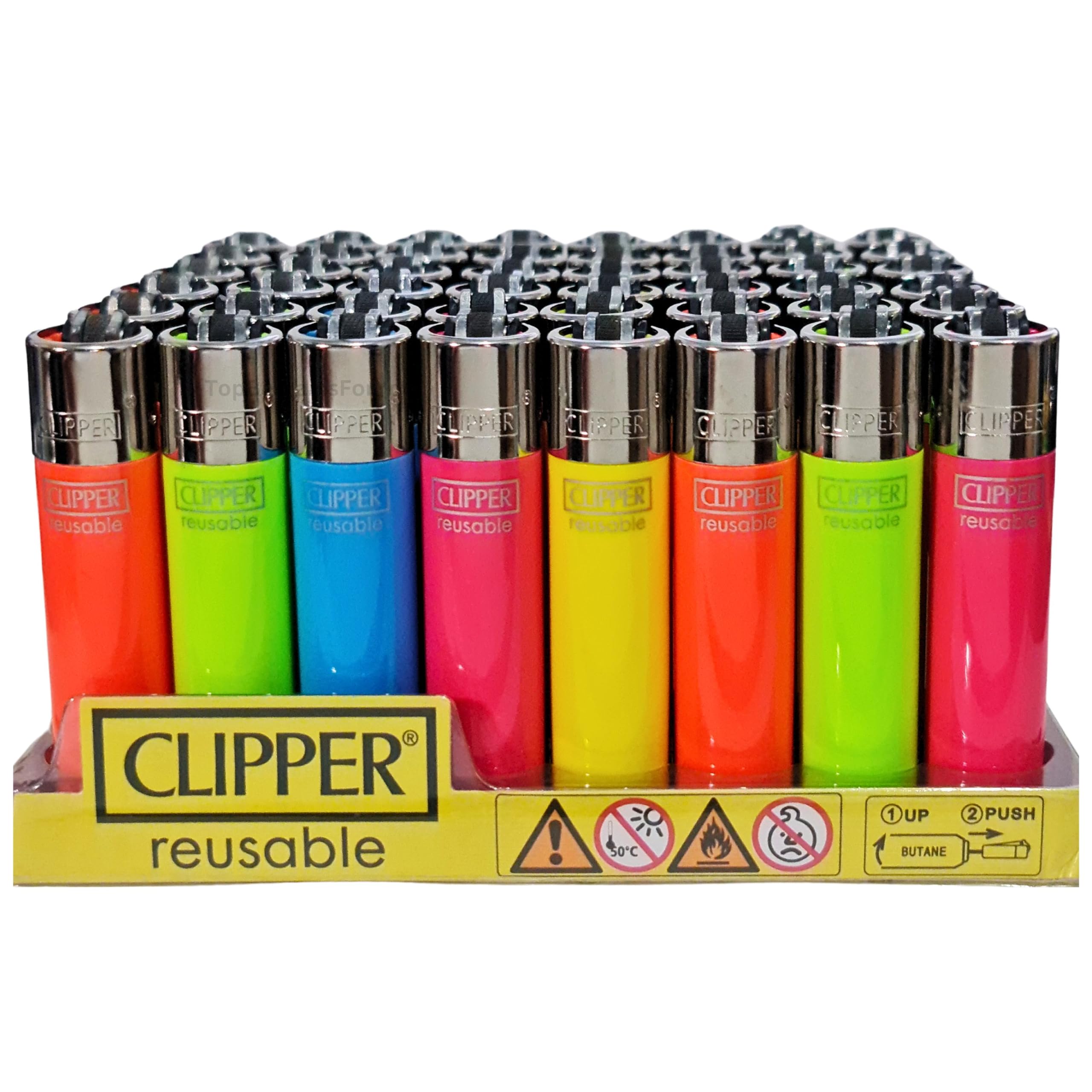 Zactly Neon - 4 X Clipper Lighters Random Colours Design Set, Refillable Gas Lighter, Replaceable Flint