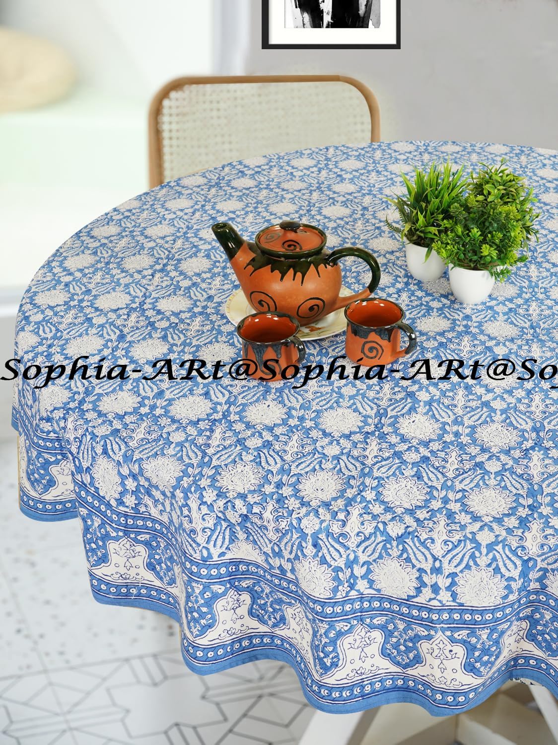 Sophia-Art Round 90" 6 Seater Outdoor Cotton Hand Block Printed Tablecloth for Patio Camping Holiday Party Washable Indoor Kitchen Table Cover (11-Flower Pattern)