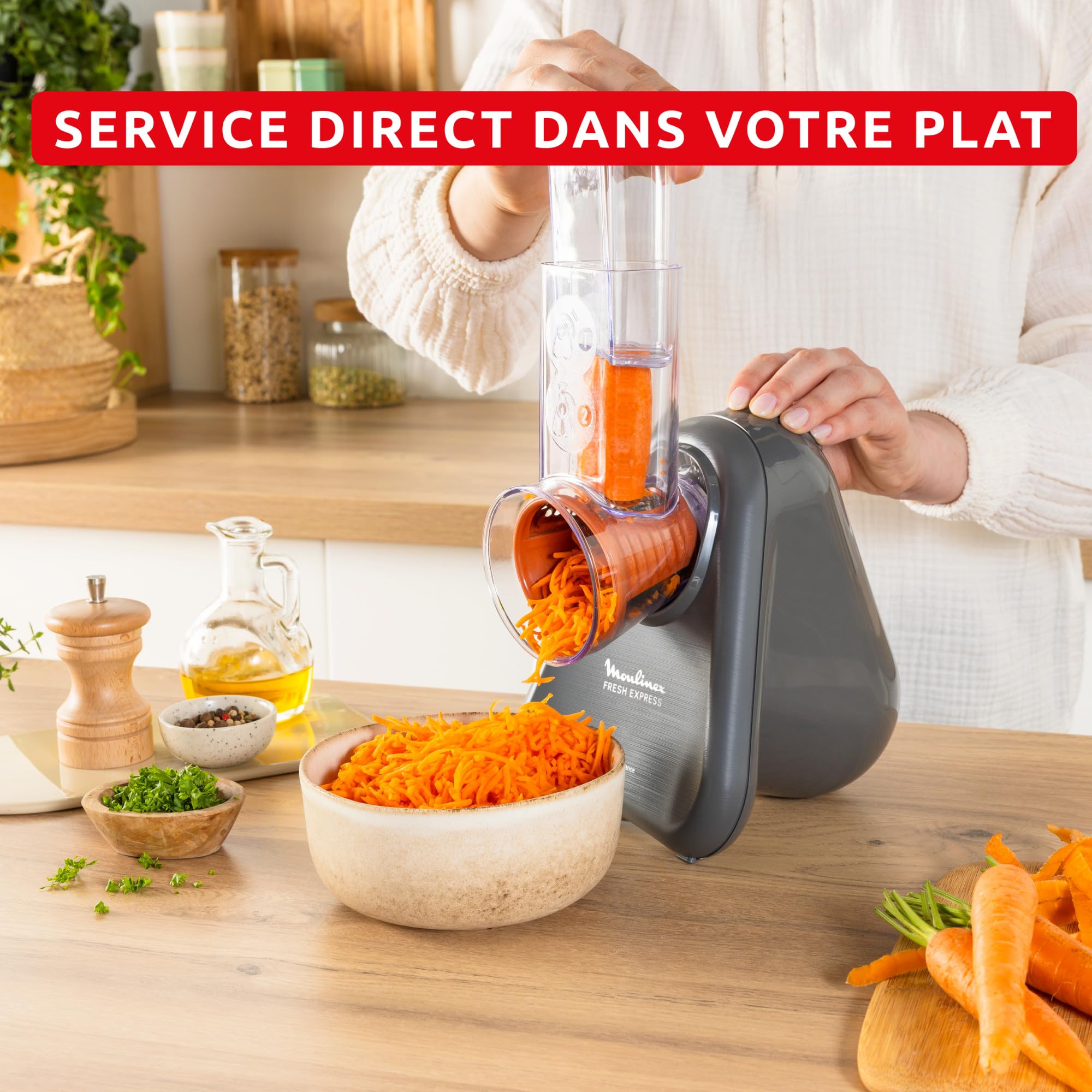 Moulinex Fresh Express, Découpe-légumes électrique, Service direct, Émincer-Trancher-Râper-Couper en forme ondulée, Gris, DK855HE0