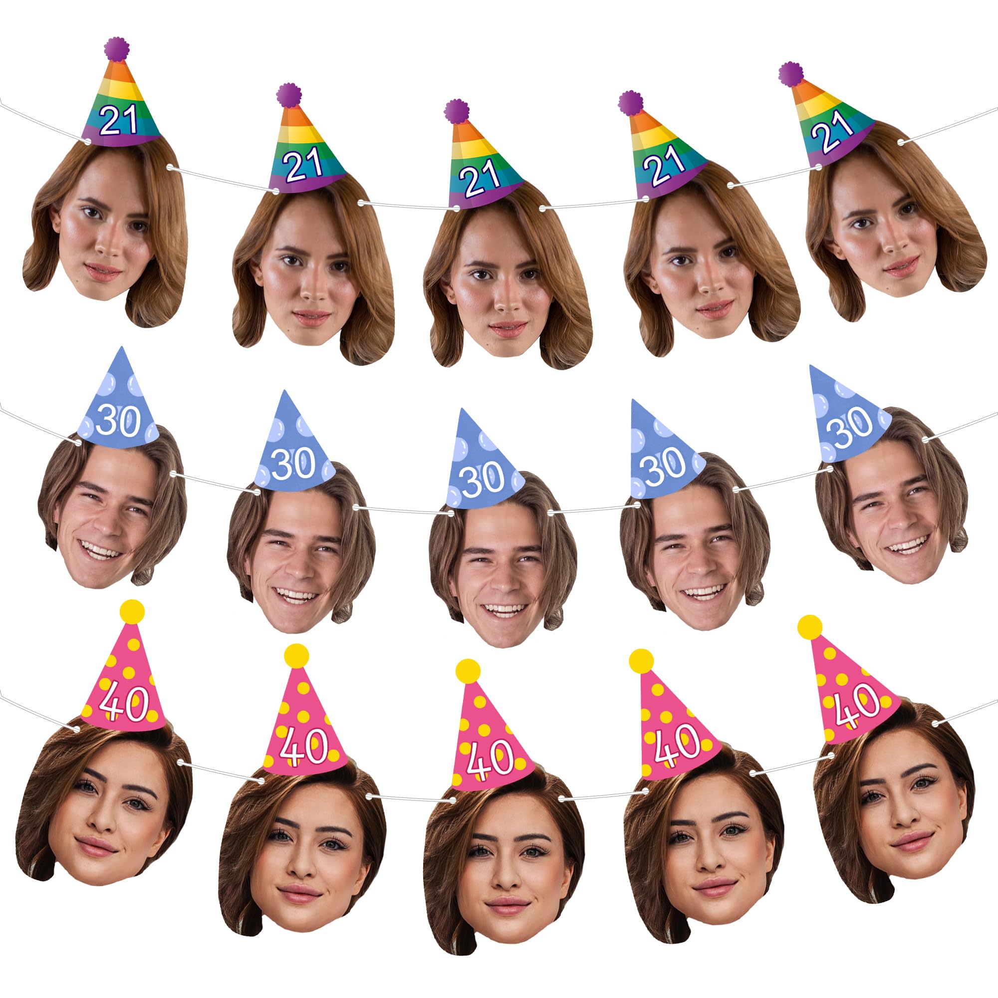 Personalised Photo Bunting – Custom A5 Face Cutout Banner with Party Hat – Fun Party Decoration for Hen Parties, Stag Dos, Birthdays & Celebrations (12 Bunting Faces)