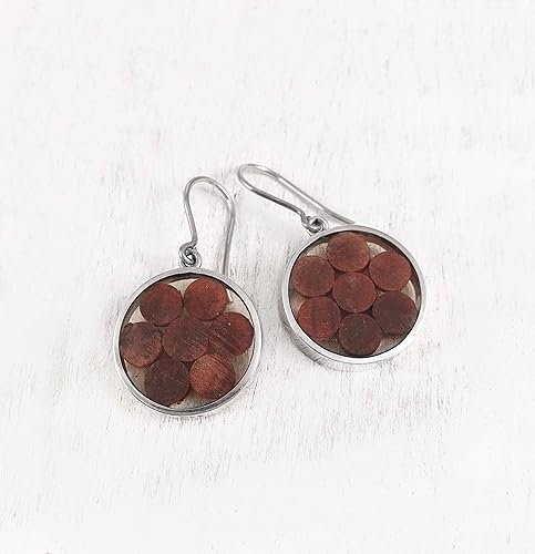 Miniatura 3 de Wood Statement Circle Earrings, Boho Style Dangle Drop Sterling Silver 925, Wood and Resin Interior, Polished finish, Handmade in Peru by Claudia