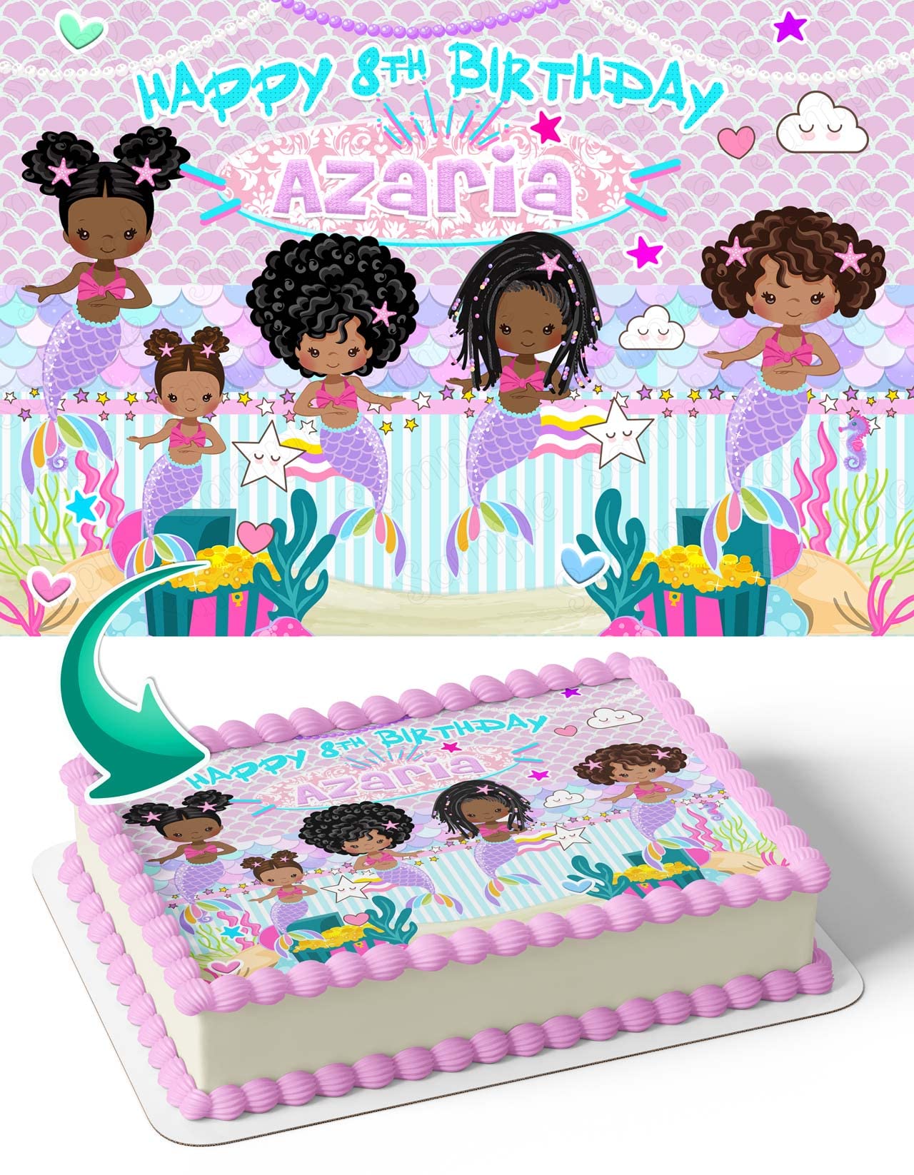 CAKECERY Afro American Mermaid Black Princess Edible Cake Image Topper Personalized Birthday Cake Banner 1/4 Sheet