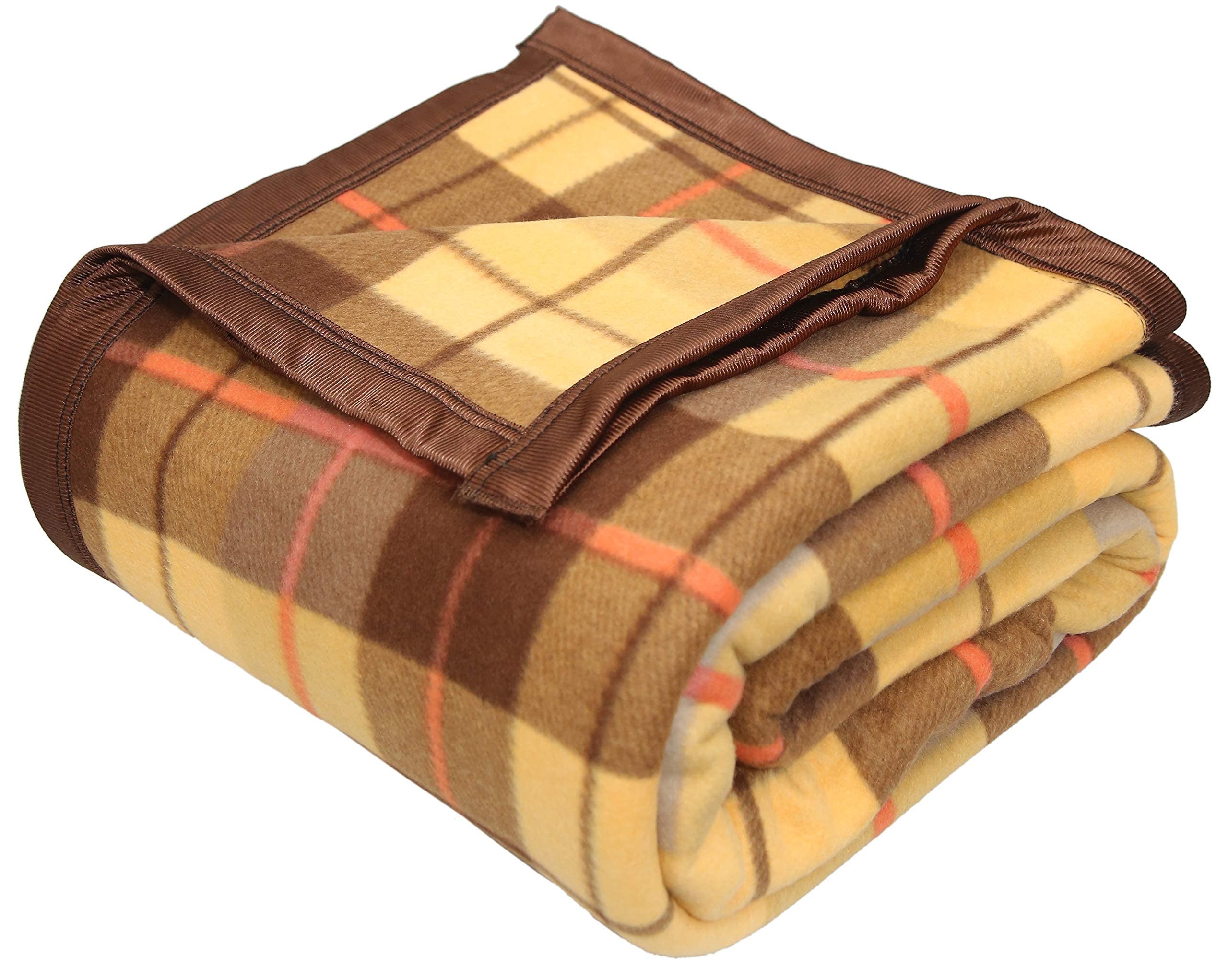 Goyal's Modern Check All Season Polar Fleece Single Bed Blanket, 60X90 Inches - Golden Brown, 300 TC