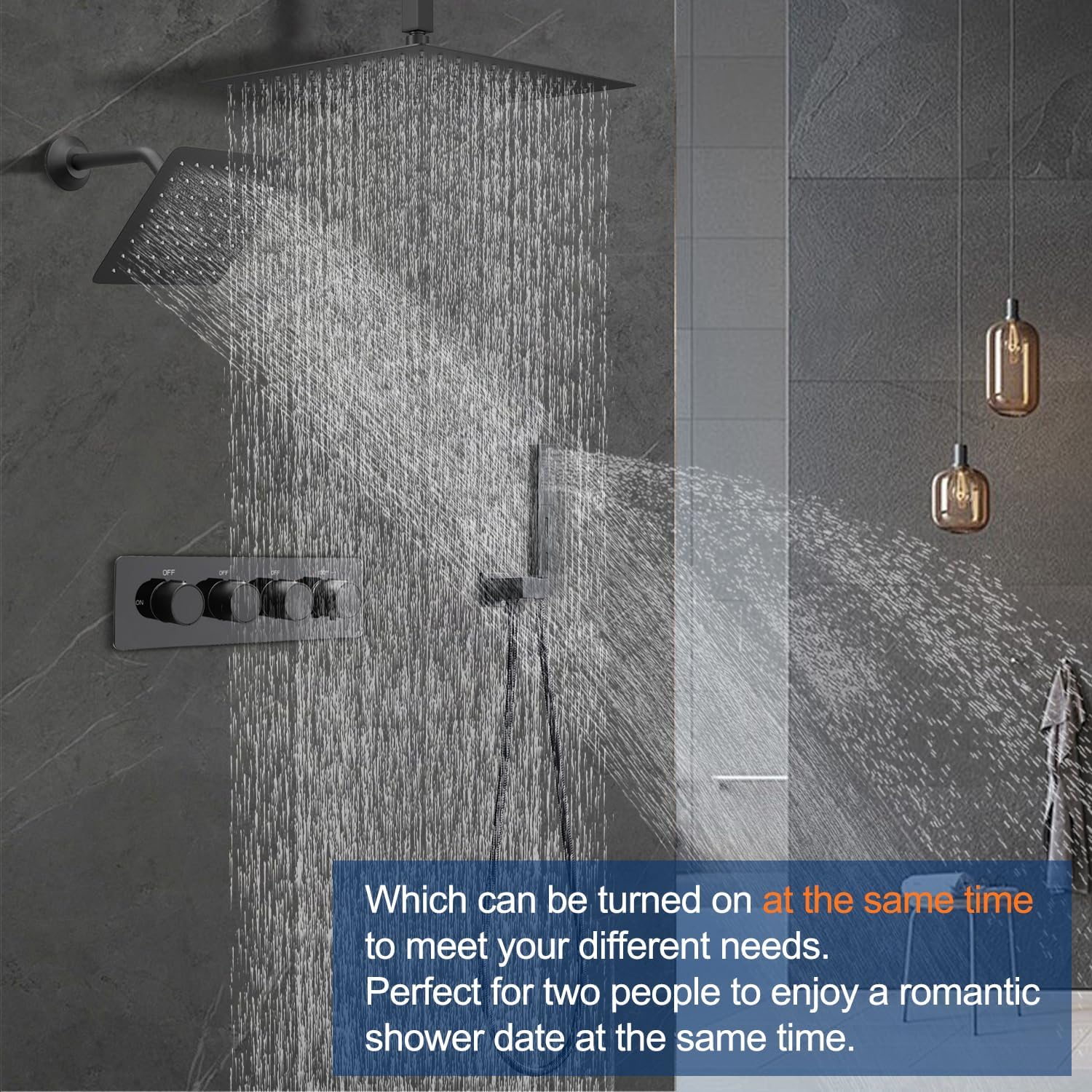 Thermostatic Shower System Dual Shower Heads with 12" Ceiling Mounted Rain Shower Head & 8" Wall Mounted Head 4 Function Full Body Luxury Shower System 2 in 1 Function Handheld, Matte Black