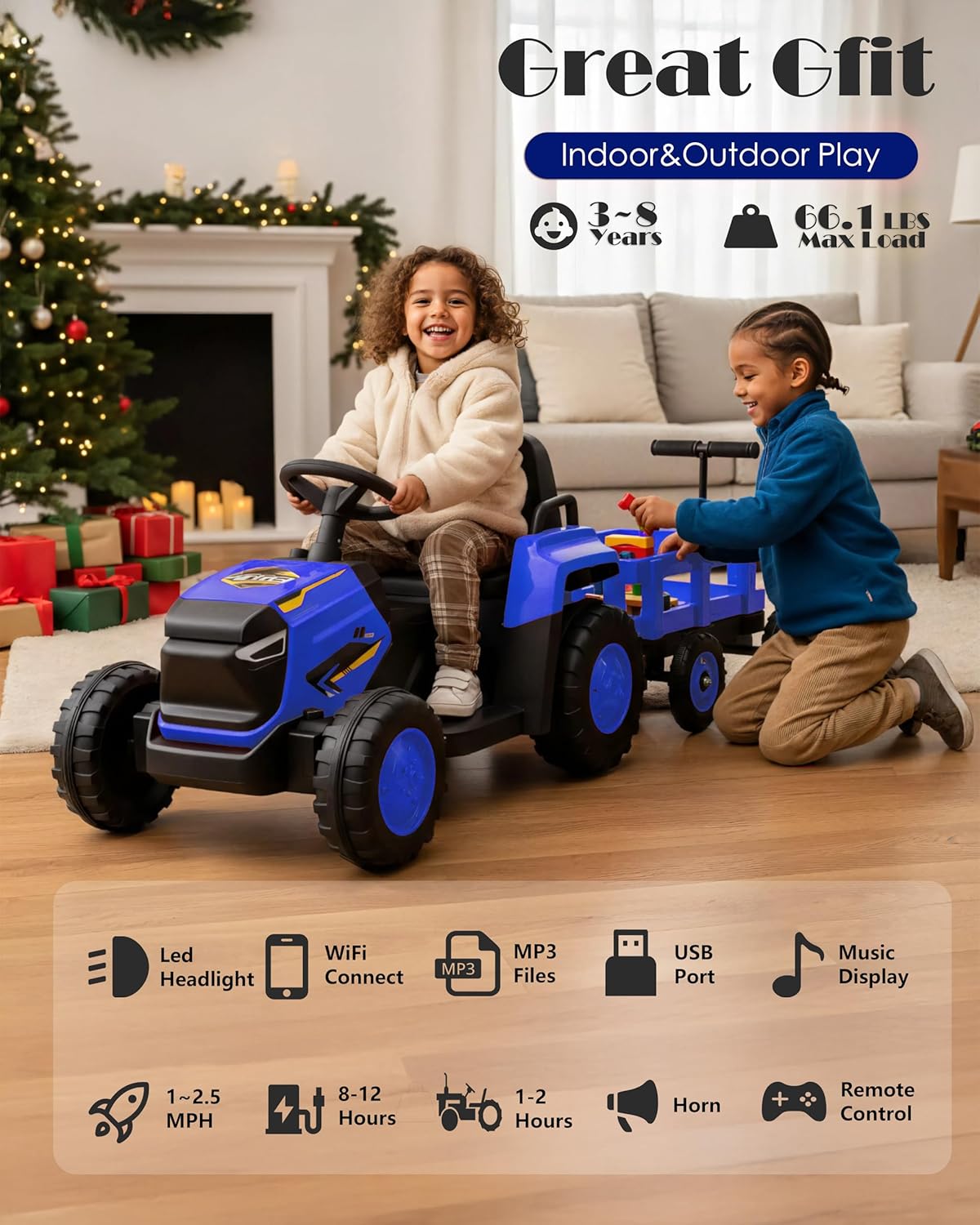 Garvee Toddlers Ride on Tractor with Detachable Garden Cart, 12V Electric Kids’ Vehicle with Trailer, Ages 3–8, Max Load 66 Lbs, Up to 2.5 Mph, Battery-Powered 8-Wheel, Remote Control, Garden Game