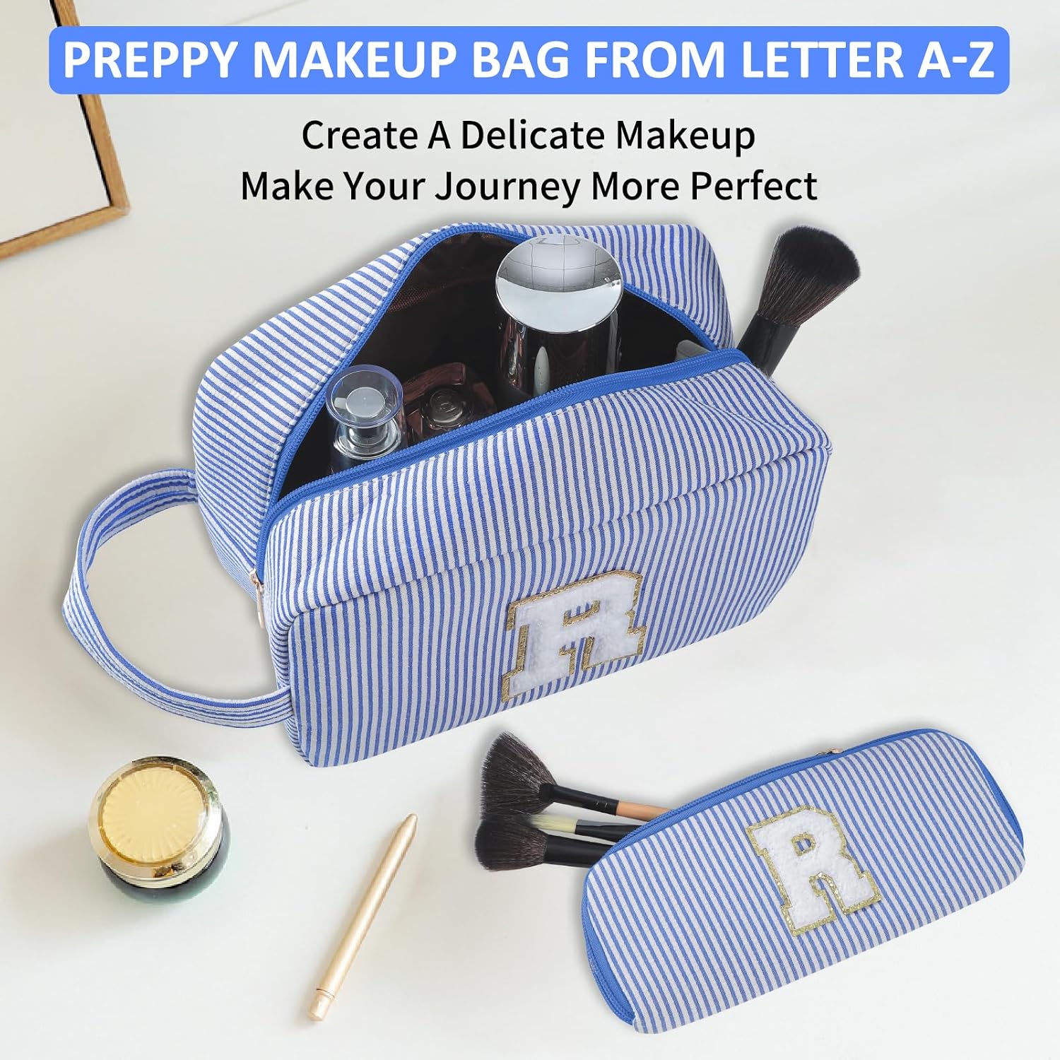 2PCS Initial Gifts for Women Travel Makeup Bag Toiletry Bag Set-Blue, E image 4