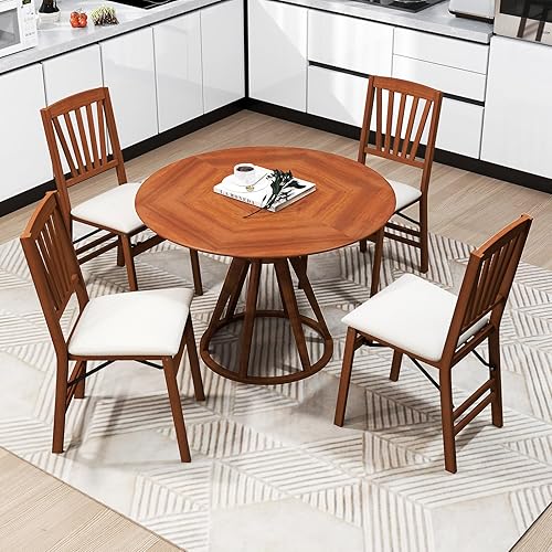 Miniatura 2 de COSTWAY Juego de 4 sillas plegables de comedor, sillas de comedor tapizadas de madera con asiento acolchado de tela, marco de madera maciza y