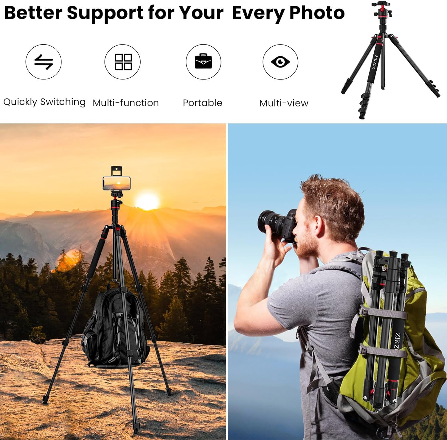 70" Tripod for Camera, Professional Aluminum Camera Tripod & Monopod with 360° Ball Head, Adjustable Lightweight Travel Tripod for Phone,DSLR,Tablet with Carry Bag