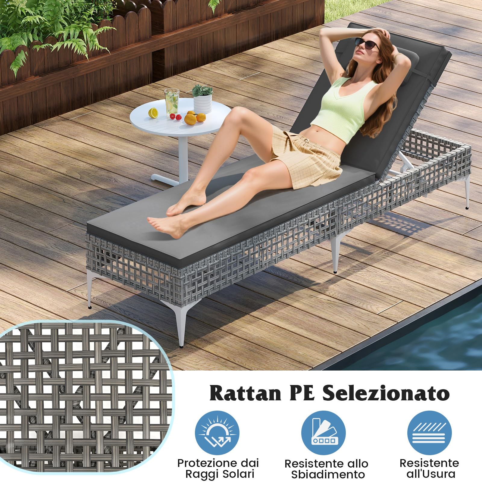 COSTWAY Sdraio Giardino Rattan, Lettino Prendisole con Schienale Regolabile 6 Livelli, Cuscino e Poggiatesta Removibili Incluso, Portata 180 kg, Ideale per Piscina e Terrazza