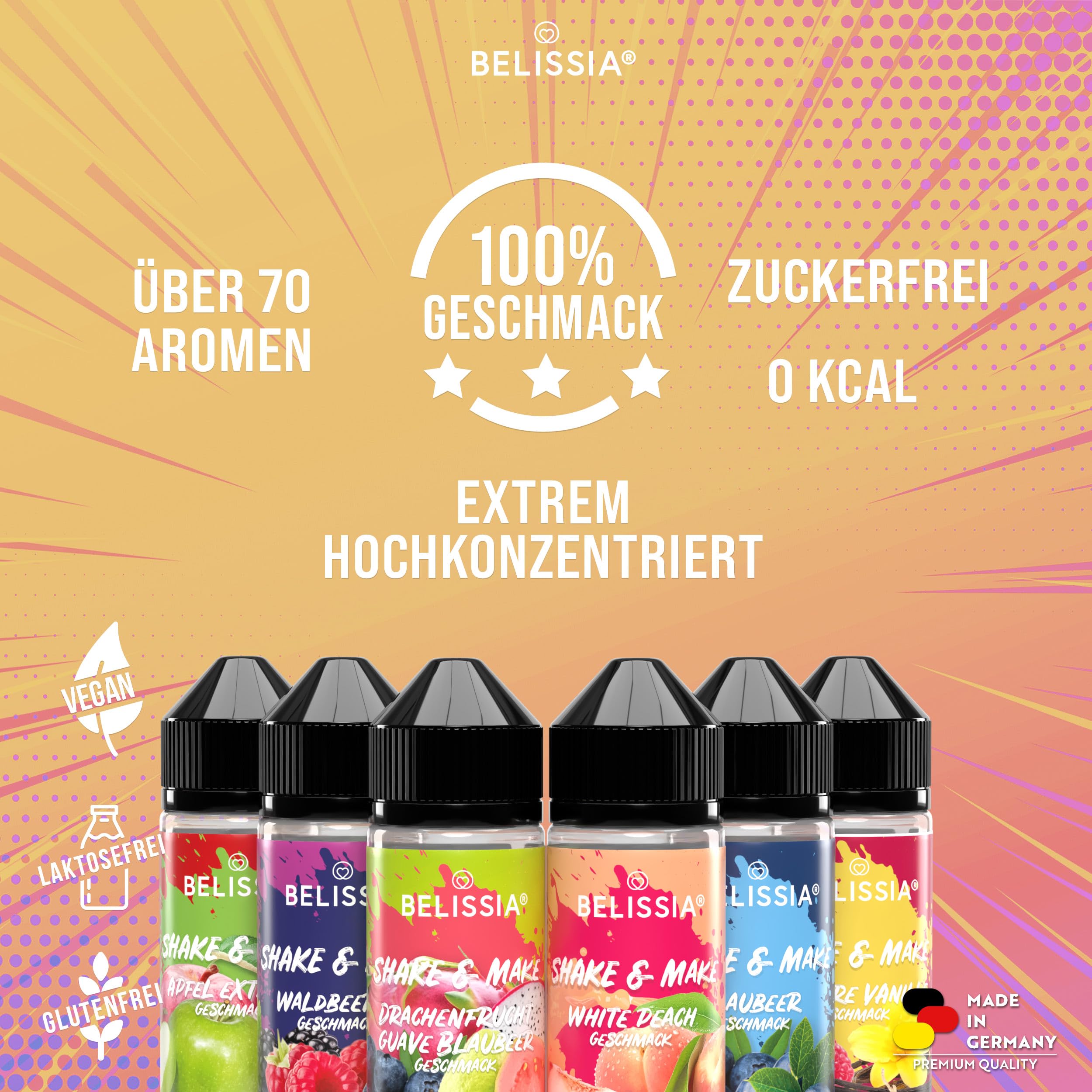 Belissia Shake and Make Set Greatest Hits - 6x10ml hochdosiertes Lebensmittelaroma + 120ml Schüttelflasche - Für Backen, Speisen, Getränke, Shakes, DIY & Raumduft - Vegan, ohne Zusatzstoffe
