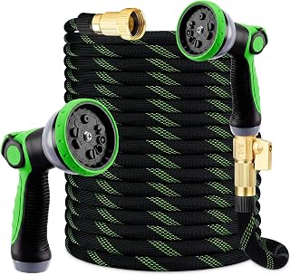 100FT Garden Hose 100 Feet Non-Expandable Heavy Duty Garden Hose with 8 Pattern Spray Nozzle, Flexible Kink-Free Water Hose with Brass Fittings for Watering Lawn, Yard, Car Washing