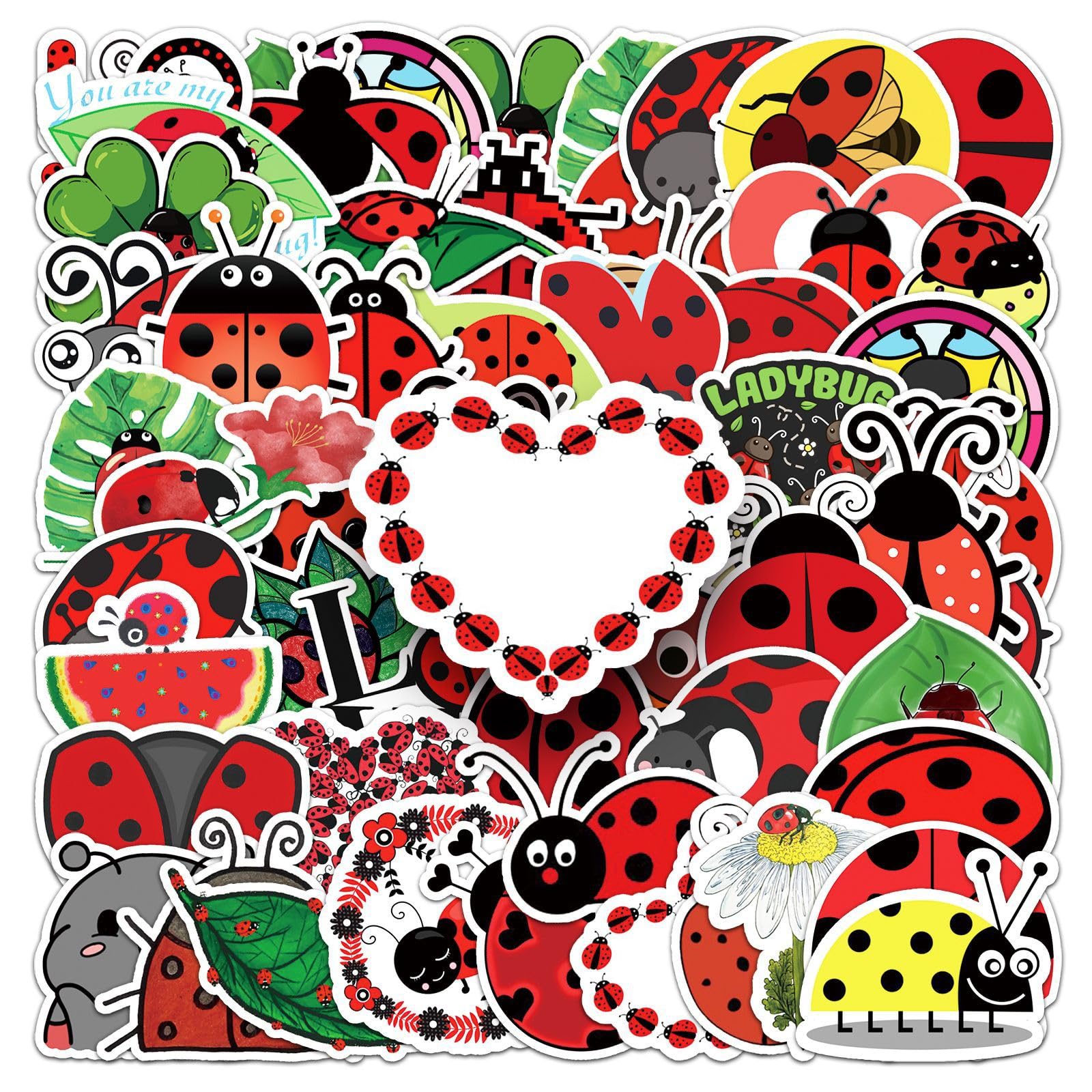 50 Pcs Cute Ladybug Stickers - Waterproof Vinyl Ladybug Decals with Love/Fruit Motifs for Skateboard, Laptop, Fridge & Luggage (Assorted Adorable Ladybug Designs)(Ladybug)