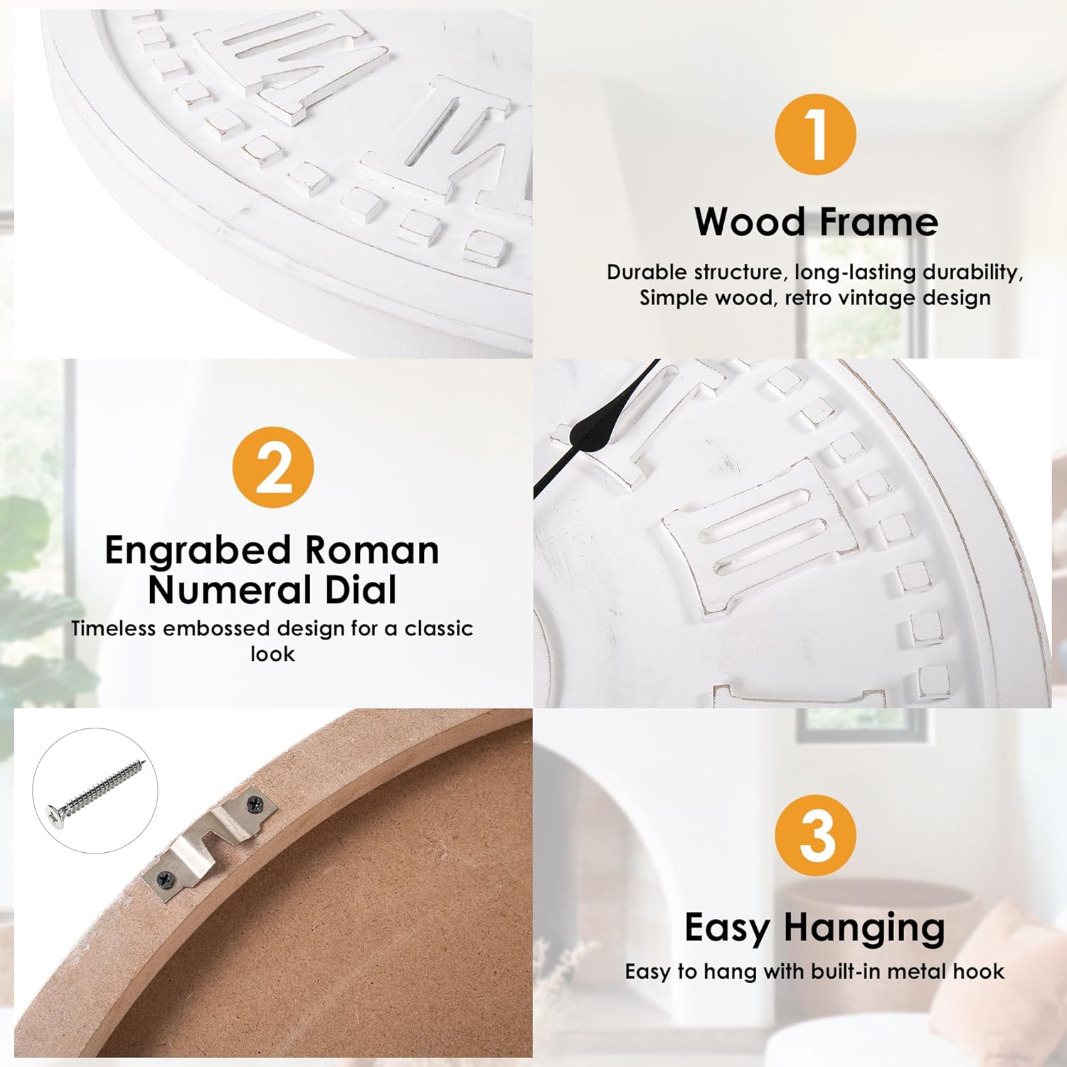 Vintage Wall Clock with Roman Numerals – 24", 30", 36" – Quartz Movement, Black Hands, Distressed Finish, MDF Wood Veneer – Elegant Home Decor