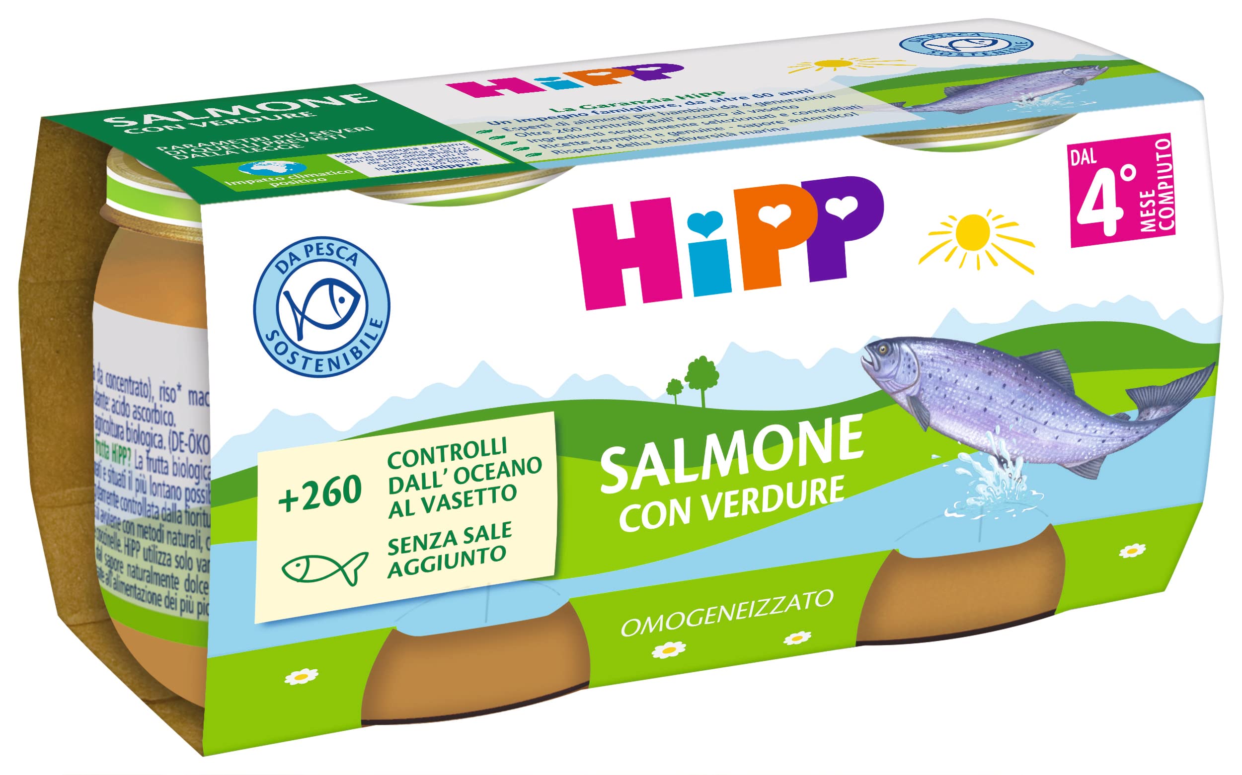 HiPP - Omogeneizzato di Pesce per Neonati, Gusto Salmone con Verdure, Senza glutine e Senza Aggiunta di Sale e Aromi, 24 Vasetti da 80 g