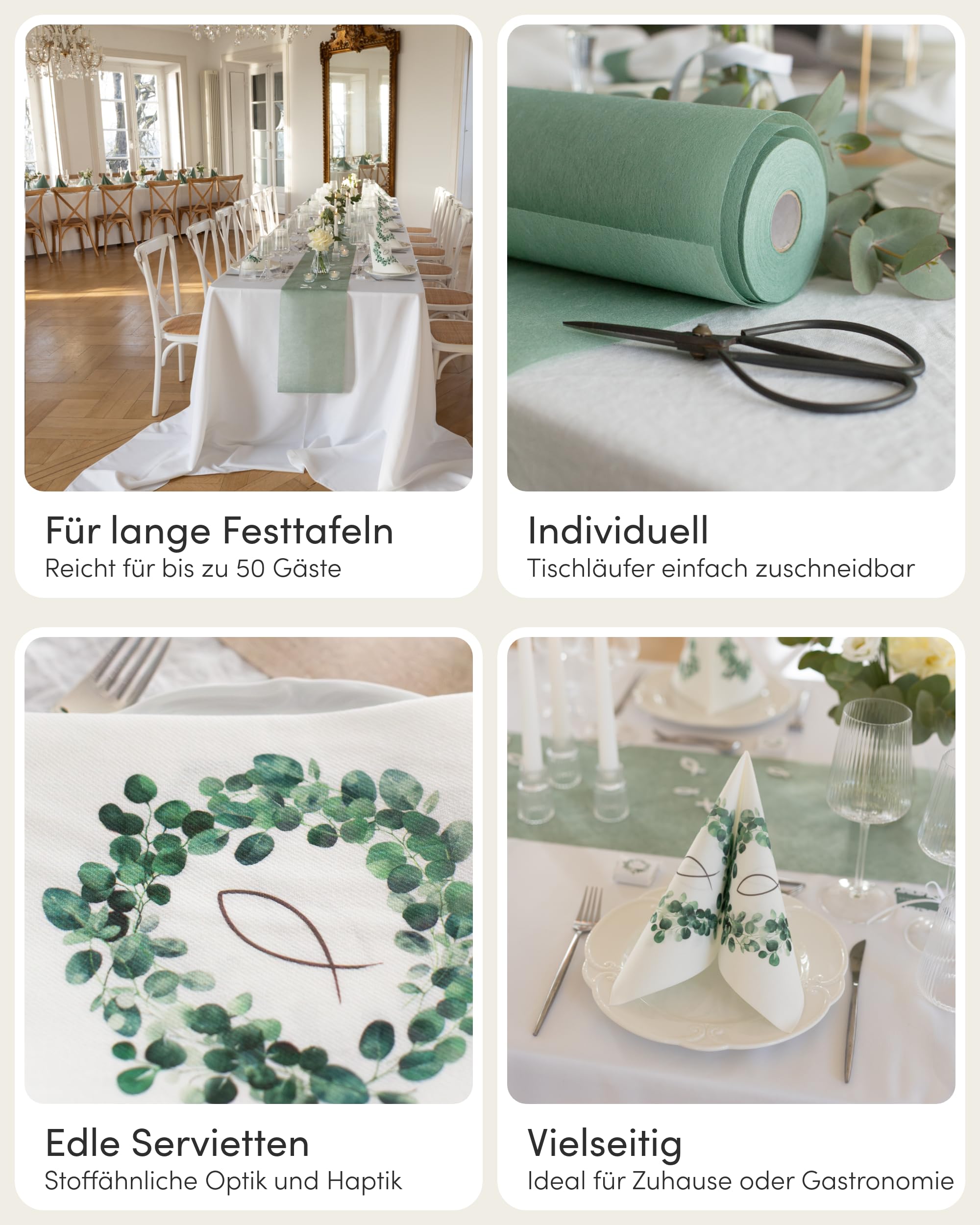 100% Mosel Tischdeko-Set – Eukalyptuskranz & Fisch (25–50 Gäste) – Komplettset für Kommunion & Konfirmation mit Vlies Tischläufer, Airlaid Servietten, Streudeko & Satinband