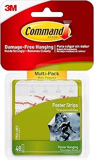 Command Poster Strips, Damage Free Hanging Poster Hangers, No Tools Wall Hanging Strips for Posters, 48 White Command Adhesive Strips