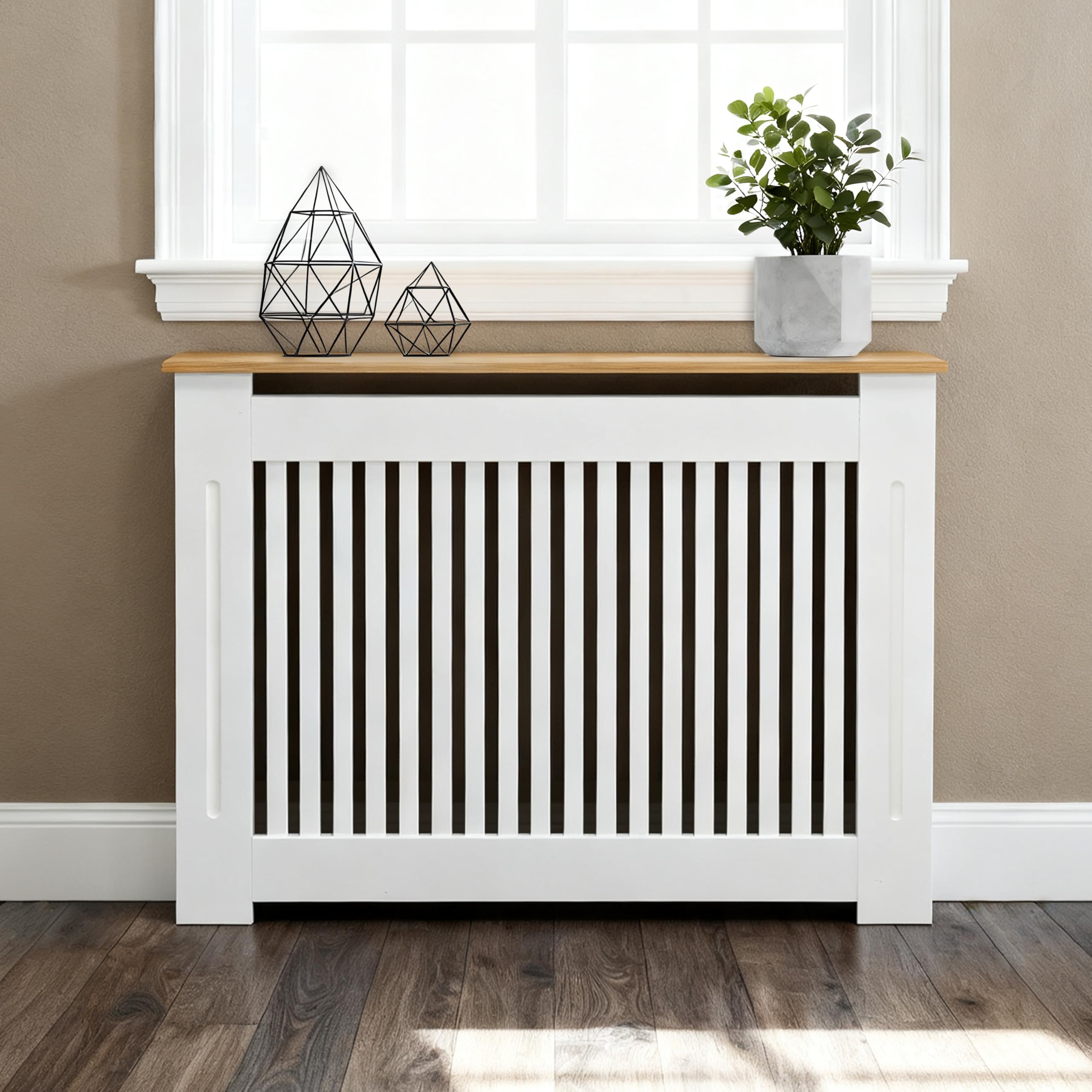 Tall Radiator Cover Wood Cabinet, 36.4inch External Height Heater Covers with Wood Texture Nature, Inner 35.6x41inch Vertical Slats - Modern White MDF Shelf Thicken Decor Shelf for Home Office - M
