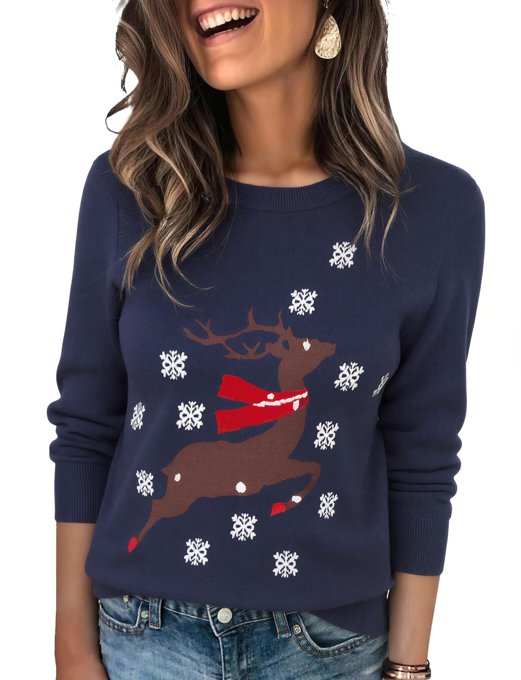 Damski sweter świąteczny sweter zimowy ciepły świąteczny sweter z długim rękawem świąteczny sweter z okrągłym dekoltem świąteczny sweter z nadrukiem renifera, płatek śniegu S-XXL