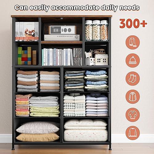 Miniatura 4 de Cómoda para dormitorio con puerta de malla, cómoda alta y cómoda con 10 cajones de tela, organizador de aparador de dormitorio, marco de metal,