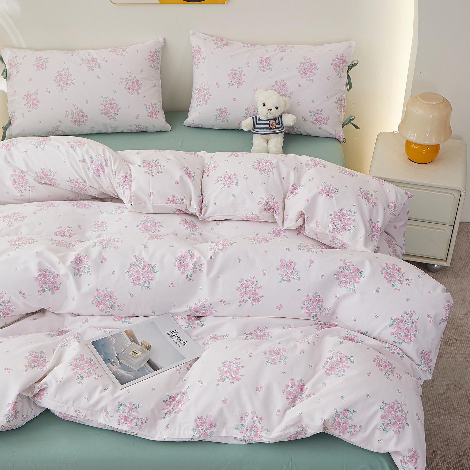 Aesthetic Floral Comforter Set King Size, 3 Pieces Pink White Cottagecore Comforter Floral Bedding Set, Lightweight Vintage Botanical Flowers Comforter with 2 Bow Ties Pillowcases for Girls Women