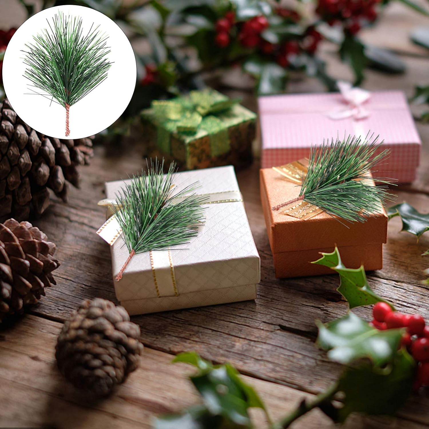 BESTOYARD 24Pcs Christmas Pine Needles Artificial Pine Branches Twigs Stems Picks Green Plants Needles for DIY Garland Wreath Christmas Embellishing Decoration 7X5CM