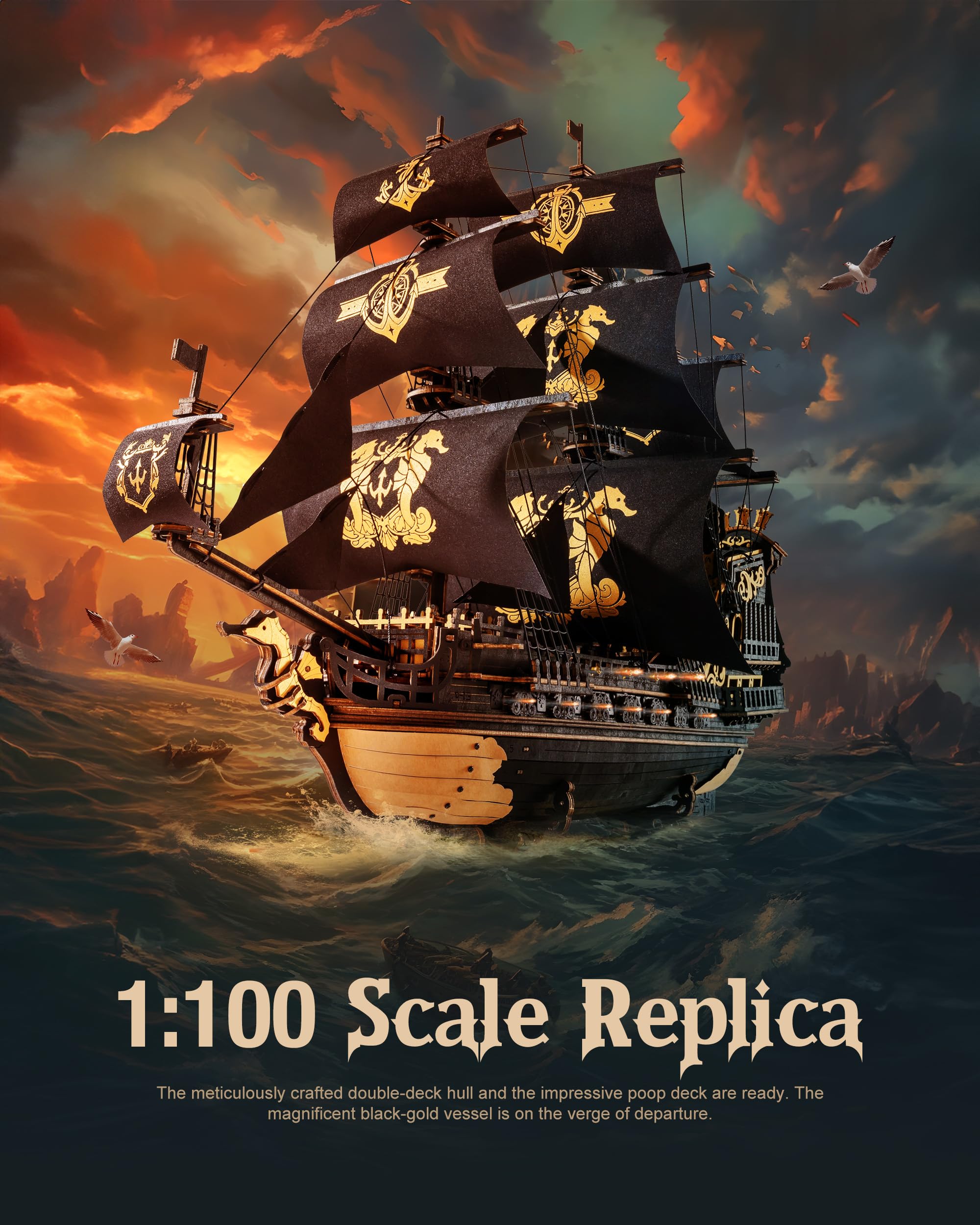 ROBOTIME 3D Wooden Puzzle Seahorse Barque, Model Kit for Adults to Build Jigsaw Sailing Ship Building Construction Craft Kit - Image 3
