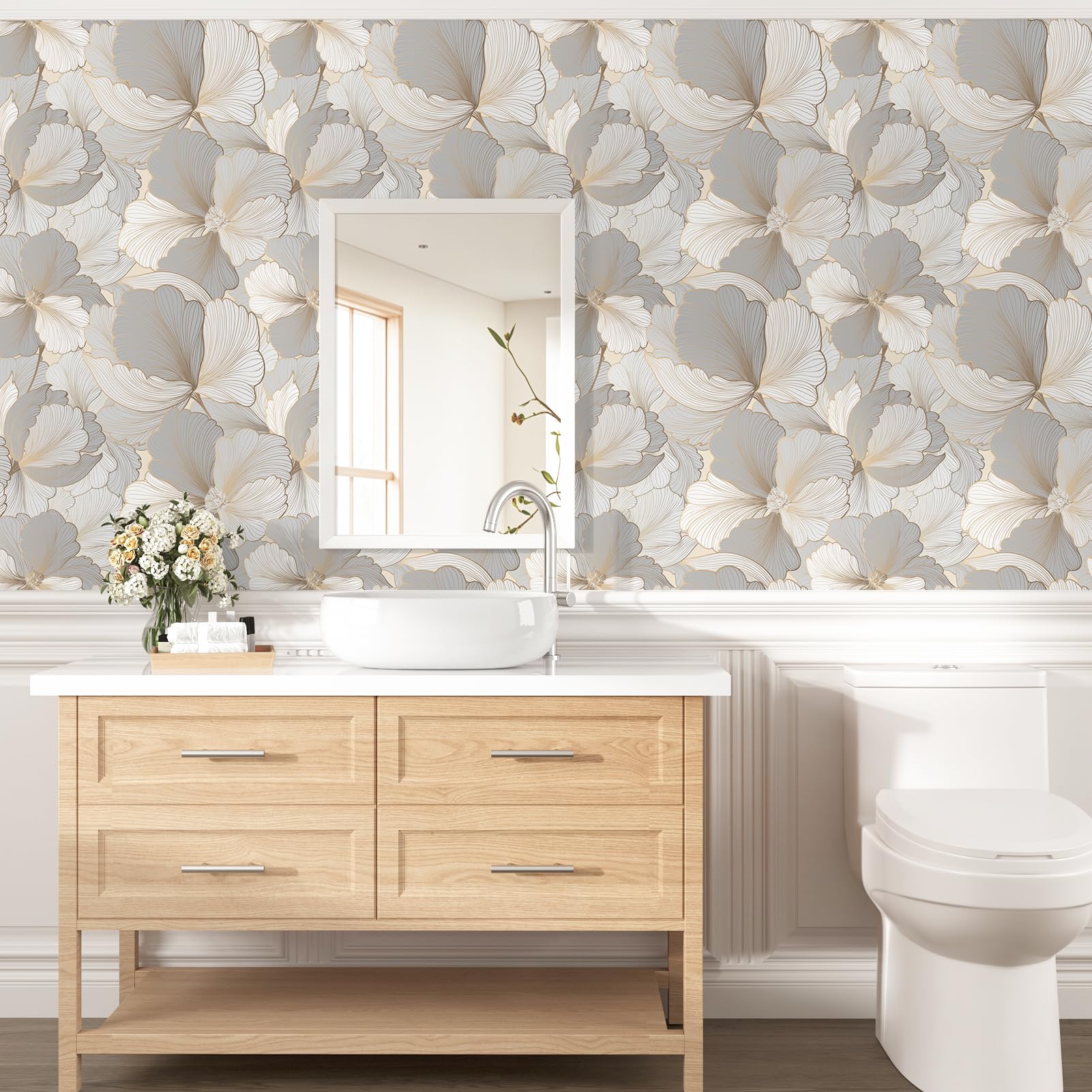 Papel Pintado Flores Beige Gris Vinilo Adhesivo Muebles Papel De Pared Decorativos Vinilo Para Muebles De Cocina Papel Pintado Autoadhesivo Para SalóN Armarios Impermeable44,5cm X 1000cm