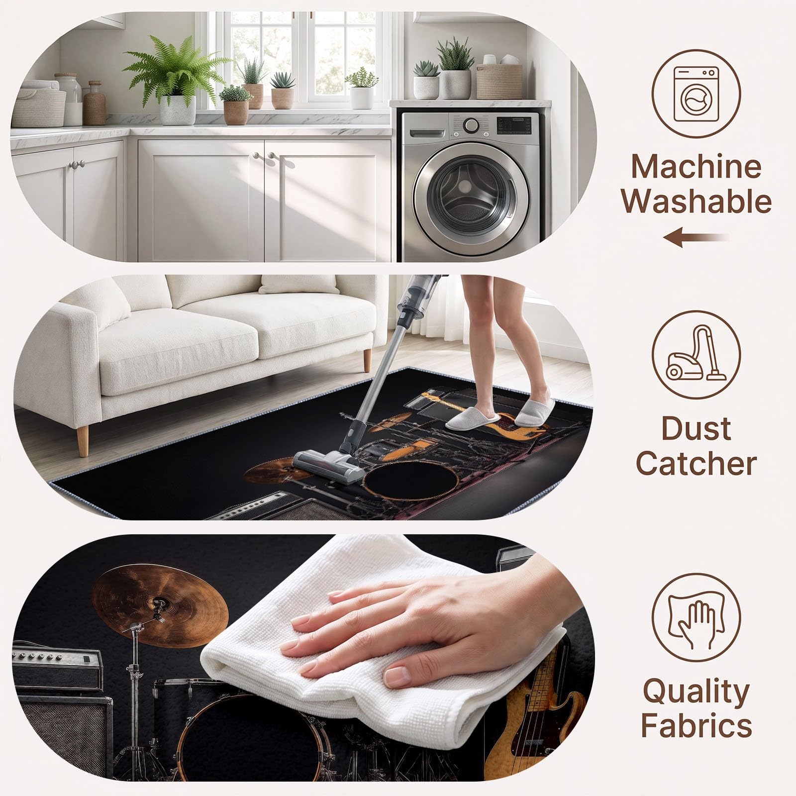 Générique Batterie, Basse Tapis de Salon Lavable 160x230 cm，Lavable Noir, Musique - Antidérapant et Lavable en Machine - Poils Courts - Douce - pour Salon, Chambre ou Bureau