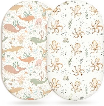 Bassinet Sheets for Baby Girls Boys 2 Pack, Fitted Baby Mattress Sheet for Rectangle, Oval, Hourglass Bassinet Mattress, Breathable Cozy & Universal Fit Aqua Wonders, Bassinet Sheet