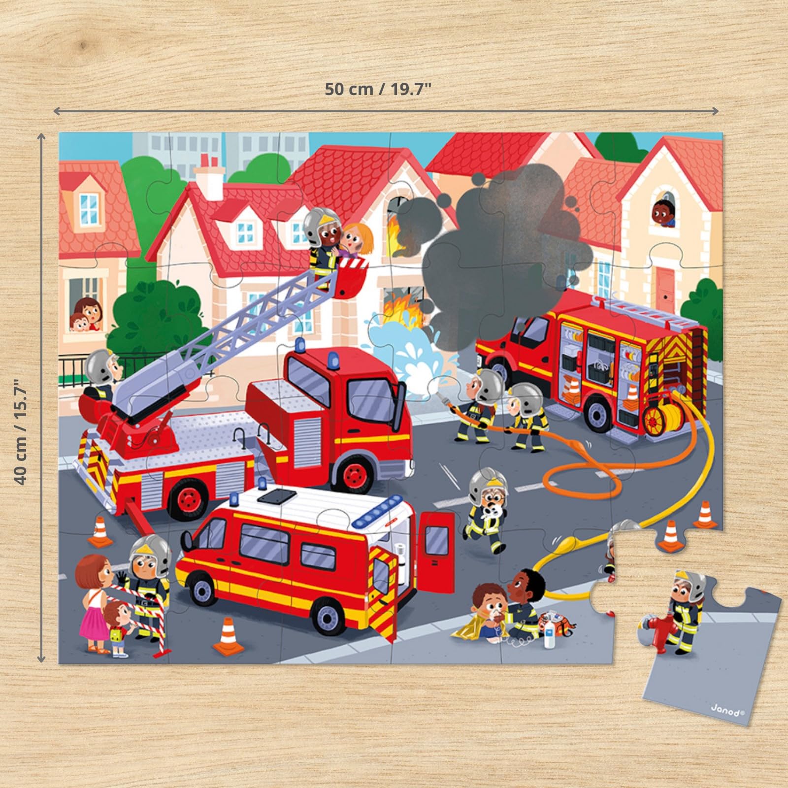 Janod 24-teiliges Kinderpuzzle – Feuerrettung – Geschenktasche mit Stoffgriff – Klassische Kunstsammlung – Alter 3–5 Jahre – J02530