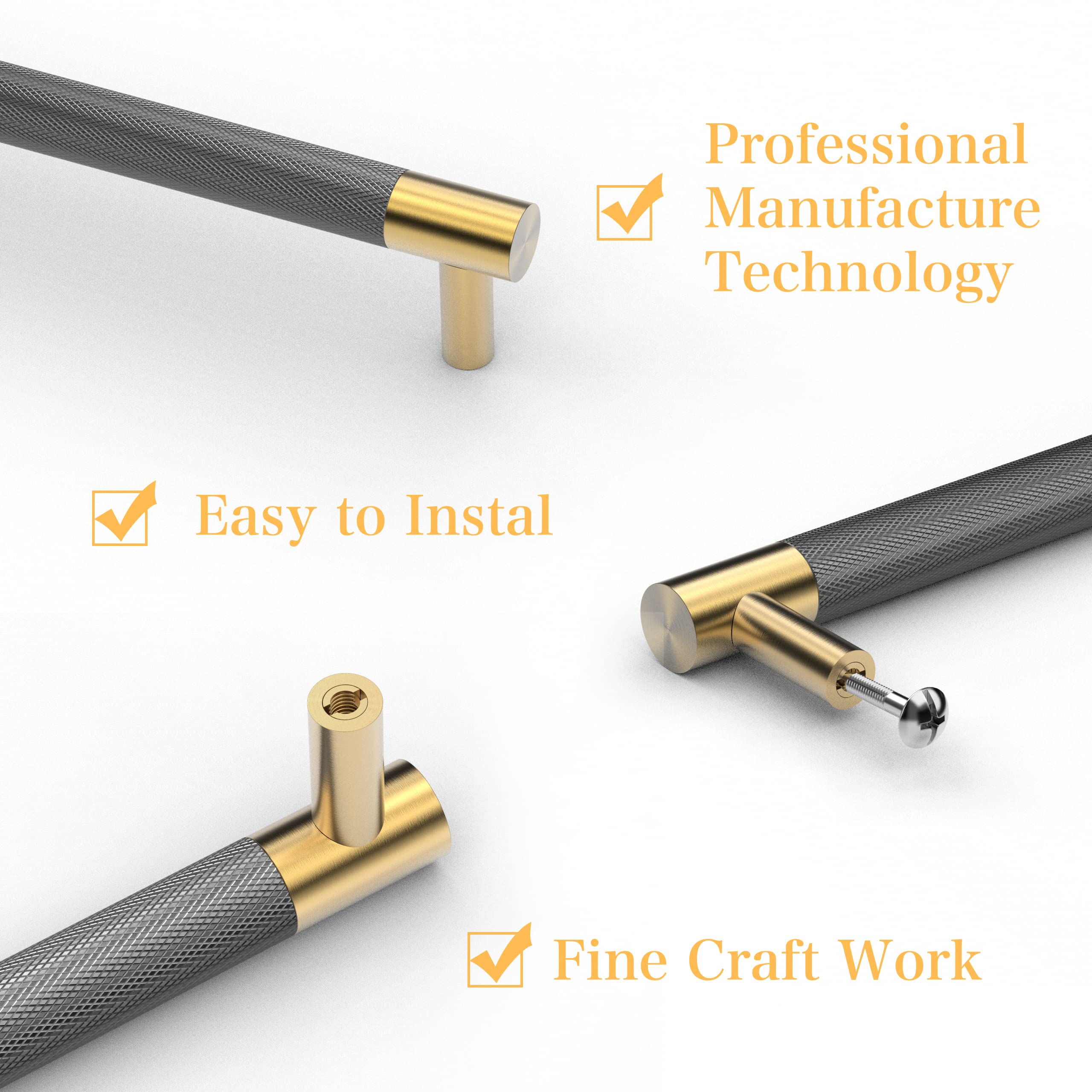 10 Pack Bar Cabinet Handles | Brushed Satin Gold & Matte Black T-Pull | 6.3" Hole Center, 7.64" Length - View #3