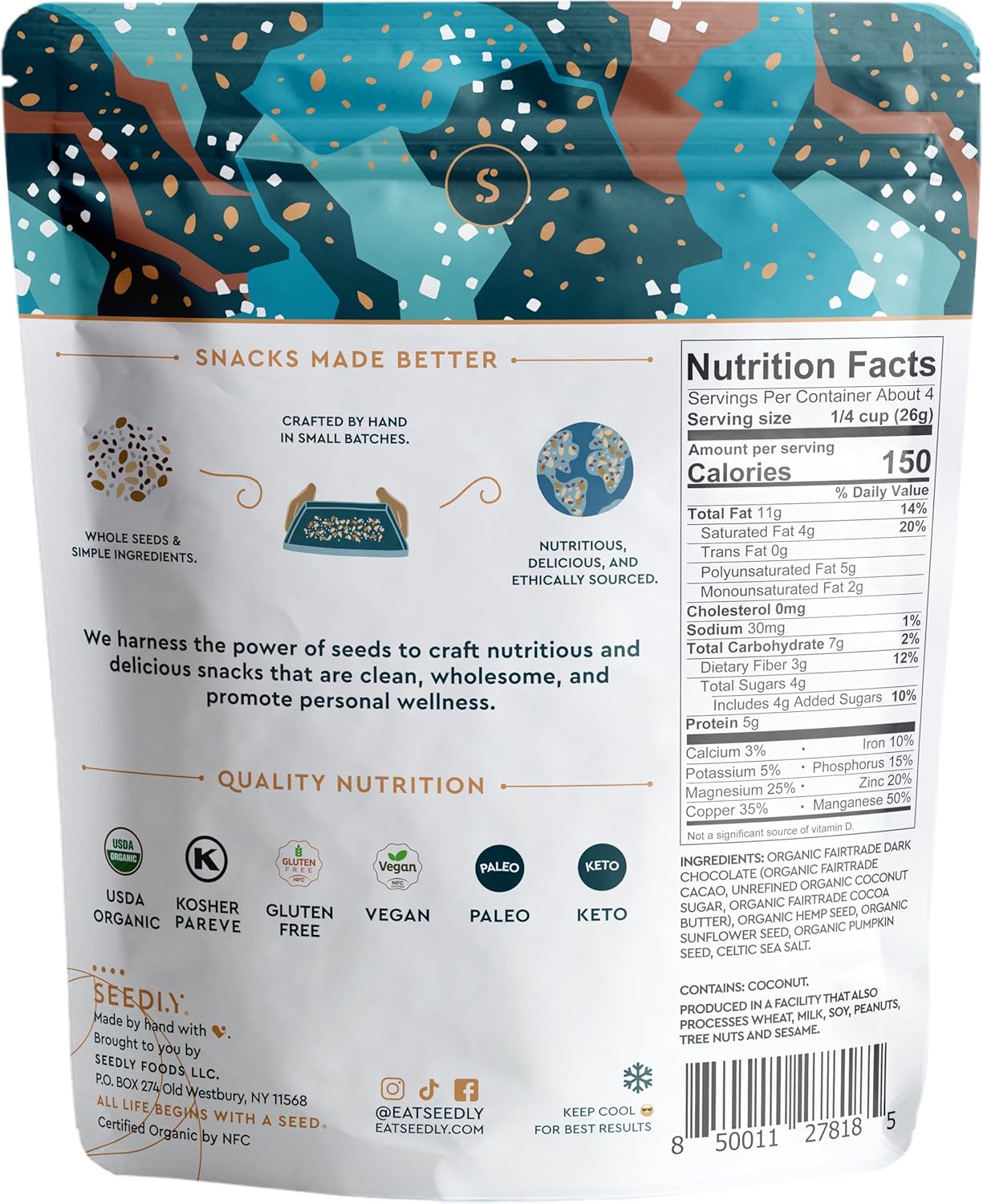 SEEDLY Organic 70% Dark Chocolate Snacking Bark with 20g Protein, 50% less sugar - Variety Pack - Keto, Vegan Snacks, Gluten-Free, Low Carb, Paleo, Non-GMO, Stevia-Free, No Weird Additives, 3.6oz (Pack of 6)