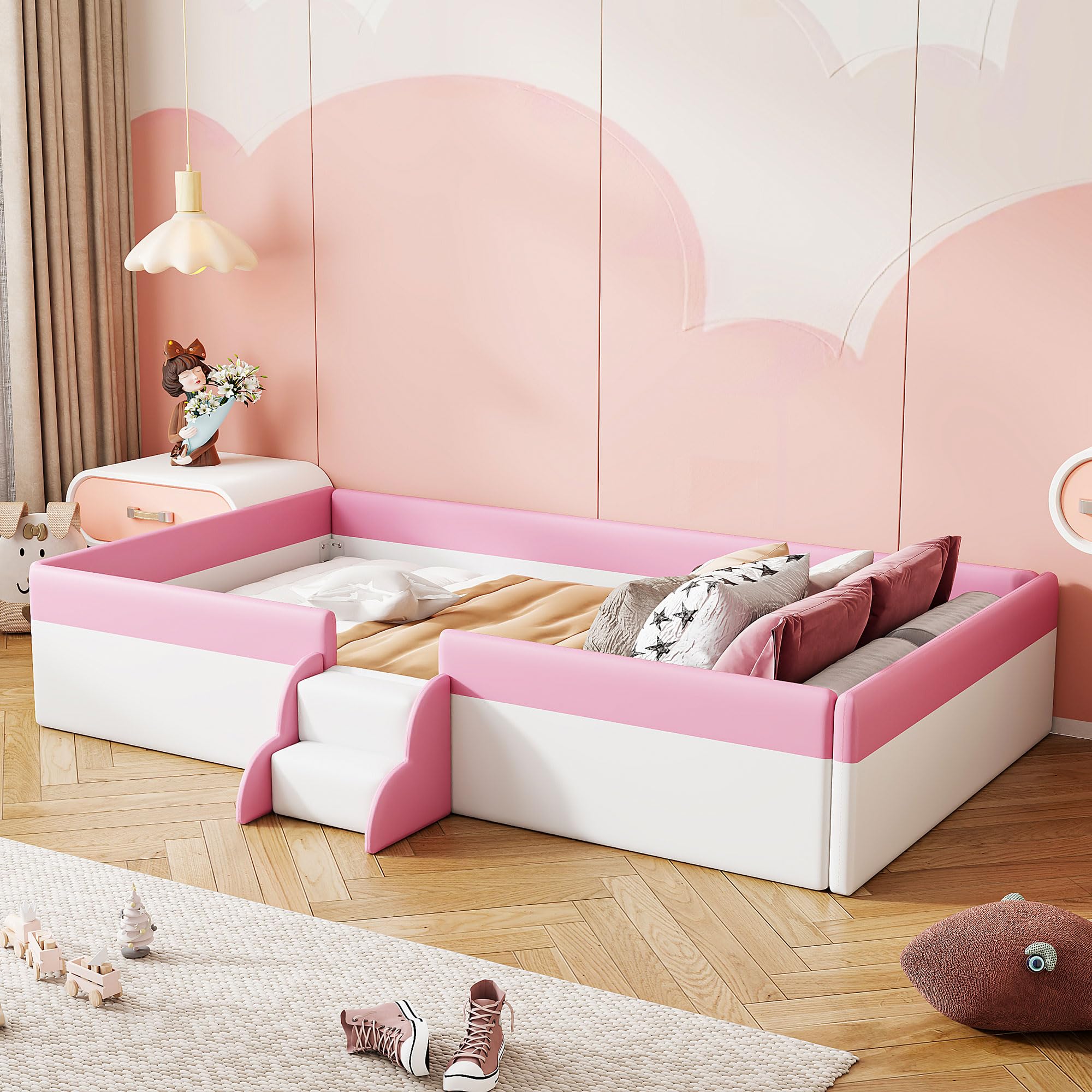 Merax Twin Size Kids Floor Bed, Upholstered Kids Daybed Frame with Fence and Stairs, Wood Bed for Living Room, White+Pink