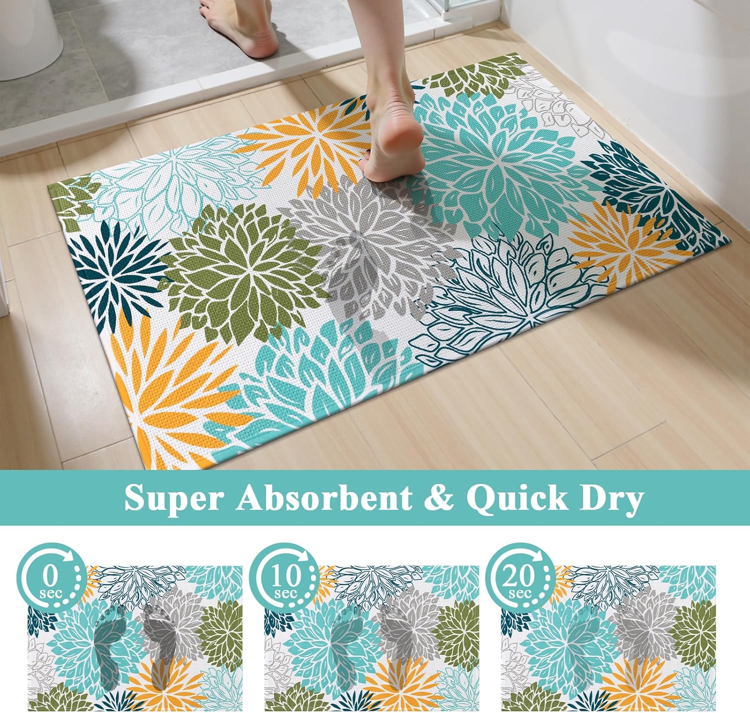 Vaukki Bathroom Rug Set 3 Piece, Non Slip Absorbent Rubber Backed Floral Bath Floor Mat Fit Under Door, Ultra Thin Quick Drying Bath Rug for Shower, Tub and Toilet, 17"x26"+17"x32"+17"x24"U, Teal