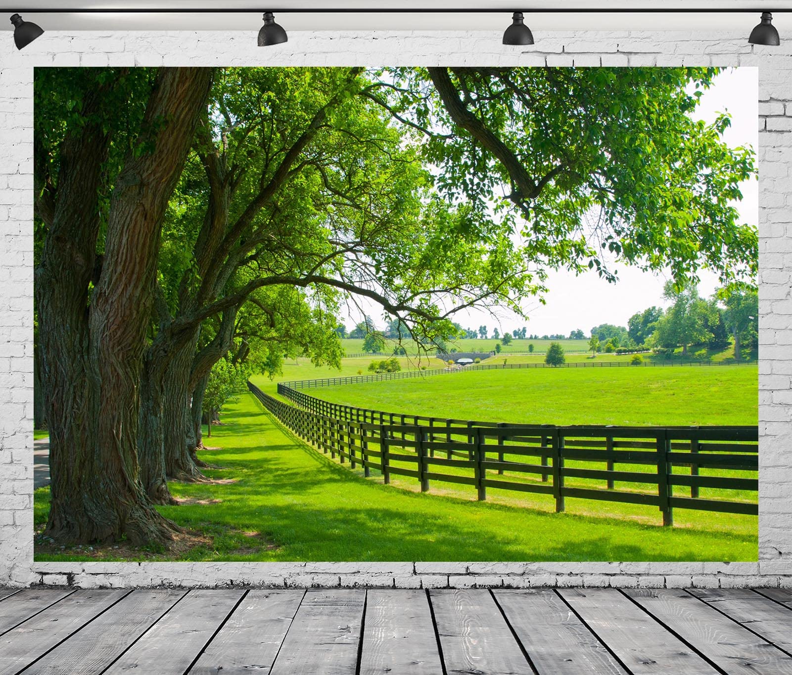 BELECO 3x2.5m Telo sfondo fattoria di cavalli | Allevamento cavalli recinto legno rustico pascolo primavera alberi verdi prato ranch sfondo derby cavalieri foto