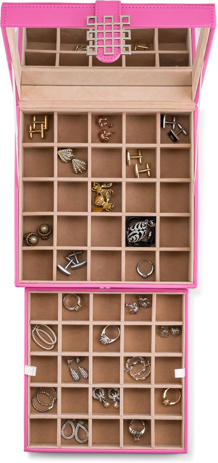 Glenor Co Earring Organizer - Classic 50 Section Jewelry Box/Case/Holder for Earrings, Rings, Necklaces, Jewelry, Cufflinks or Collections -2 Layer Small Compartments with Large Mirror - Pink