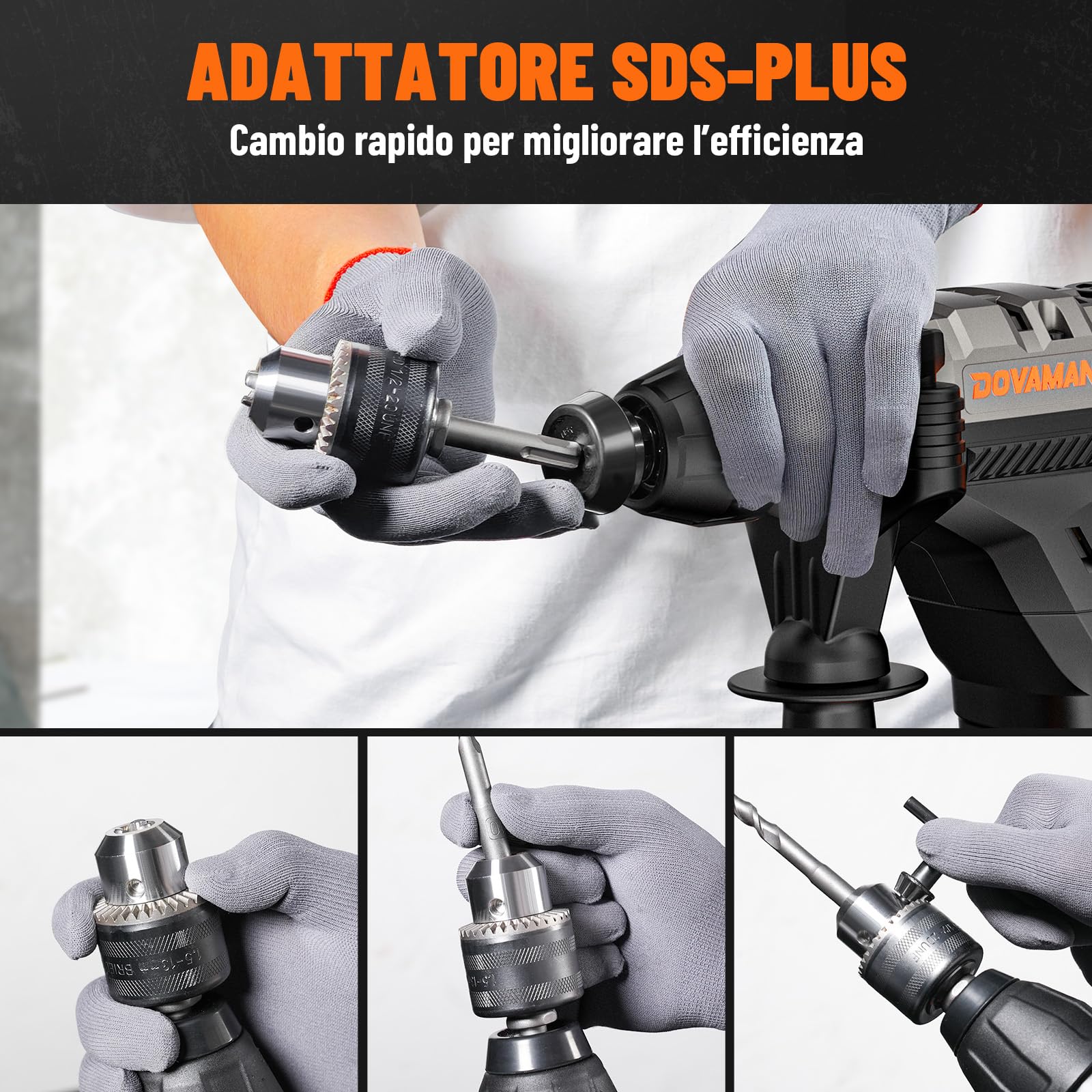 DOVAMAN RH15A Martello Perforatore SDS-Plus, 1500W Martello Demolitore con 4 Funzioni, 4350 bpm, 7J, 900 giri/min, Anti Vibrazioni, Frizione di Sicurezza, con Set Punte e Scalpelli, per Cemento e Muro