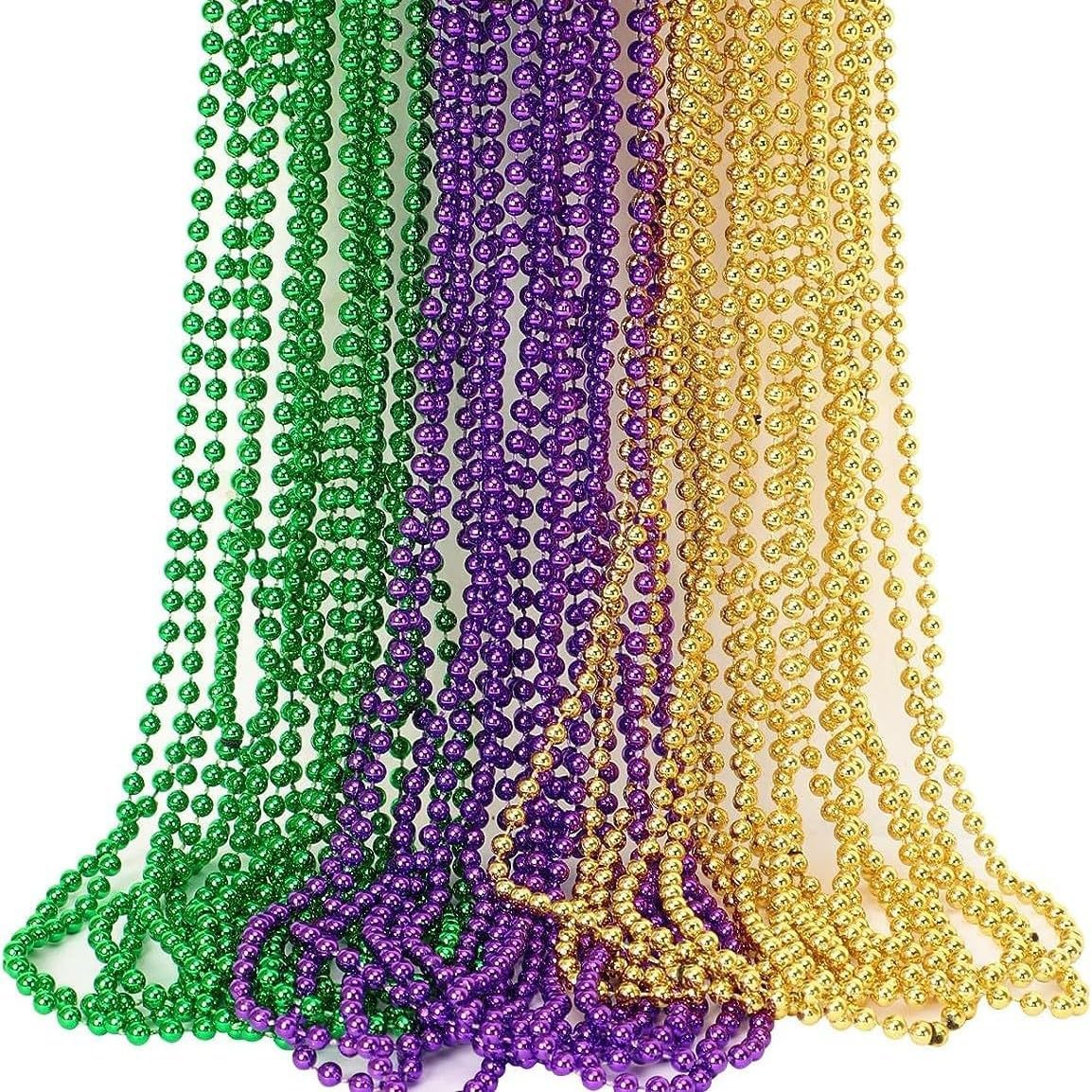 Chris.W 24Pcs Mardi Gras Beads Necklaces Bulk, Green Purple Gold Metallic Party Beads 33" Round Throws Beads Necklaces for Carnival Parade, Festival Decor, Party Accessories and Favors