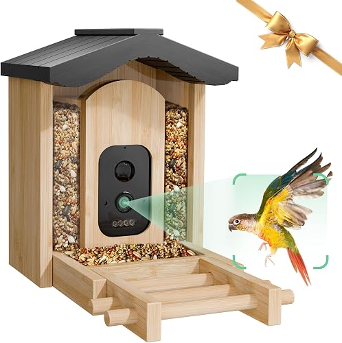 VISIOGEAR Bird Feeder with Camera, Smart Bird Feeder for Outdoors, Wild Birds Feeders with Solar Panel Bamboo Birds House Camera for Birdlovers, AI Auto Capture Birds & Real-time Notification (Gable)