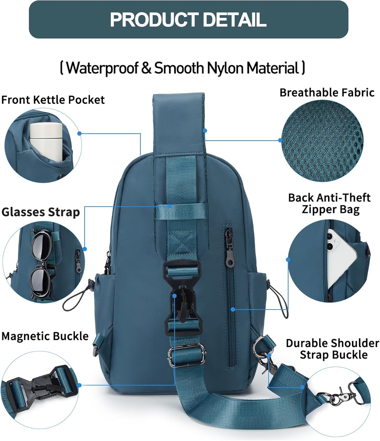 SEAFEW Sling Backpack bag for Men Peacock Blue, Tactical Backpack Shoulder Daypack Mini Anti-Theft Cross Body Motorcycle Chest Bags, Small One Strap Backpack for Casual Travel Hiking Outdoor Sports