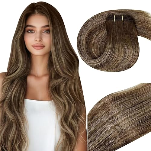 Vivien Extensiones de cabello humano balayage de 18 pulgadas con trama cosida marrón que se desvanece a marrón caramelo y marrón ombré 100 Remy