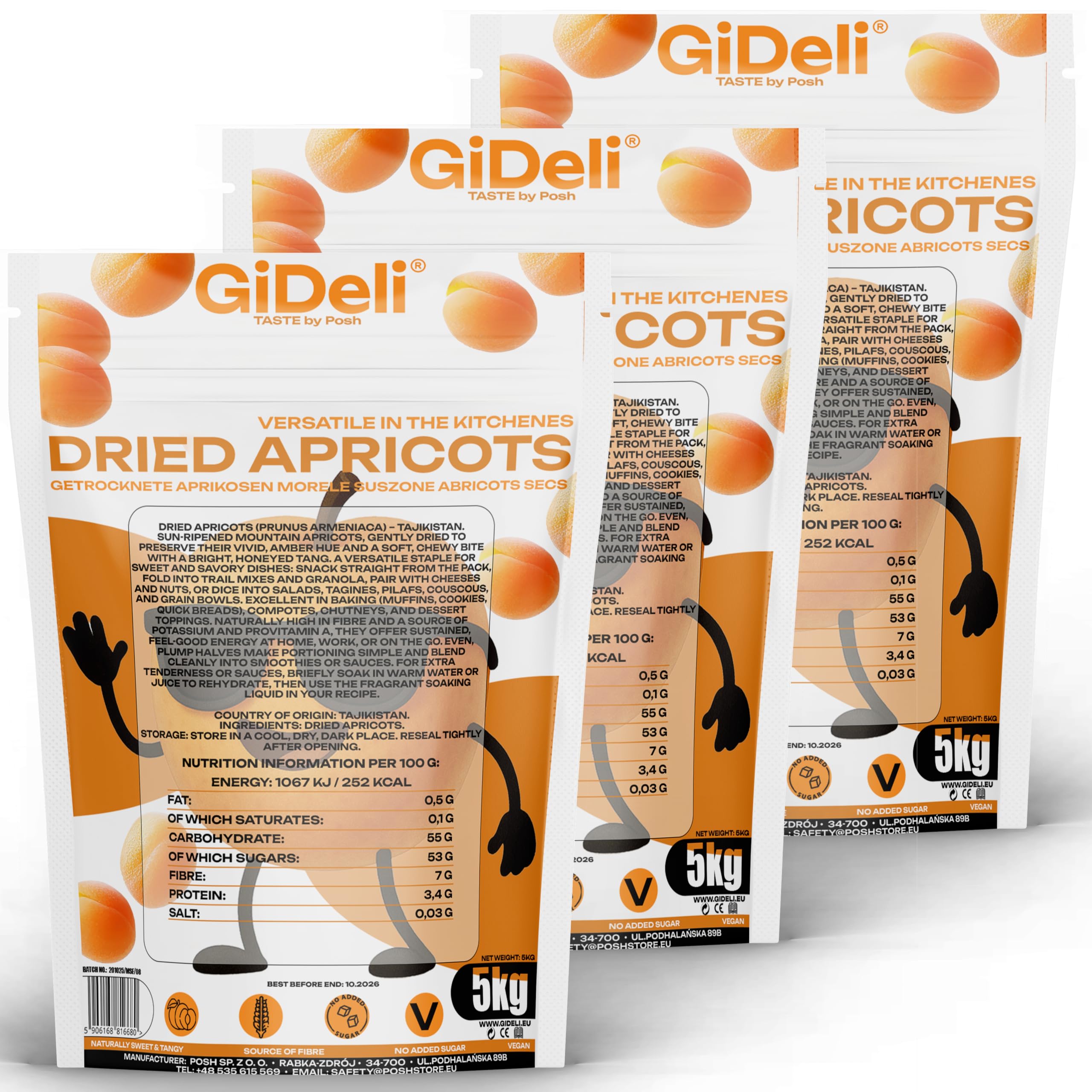 GiDeli Aprikosen getrocknet 3 x 5kg - Trockenobst ungezuckert - Früchte perfekt für vegane und gesunde Ernährung - reiner Fruchtgeschmack