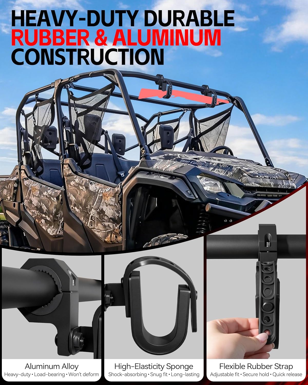 ZHILXN 2-Pack UTV Gun Rack Heavy Duty - Adjustable ATV Gun Mount with Non-Slip Rubber Strap, Fit for 1" to 2" Roll Cage, Tool Holder Compatible with Polaris RZR SXS Ranger Can-Am Golf Car Snowmobile