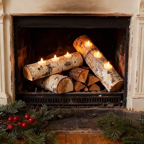 Miniatura 6 de Roowest 3 Piezas Soporte de Vela de Té de Navidad en Madera de Abedul Decorativo, Tronco de Chimenea de Madera de Abedul para Decoración de Mantel,