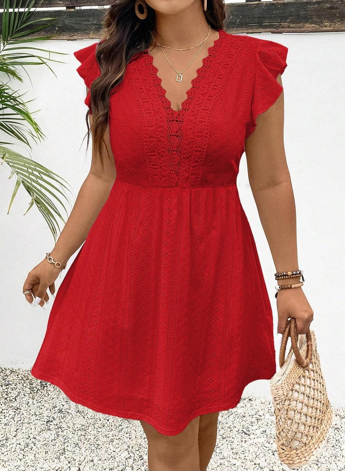 Eytino Plus Size Dresses for Women Summer Ruffle Cap Sleeve Lace V Neck Embroidery Eyelet A Line Dress(1X-5X) - Image 2