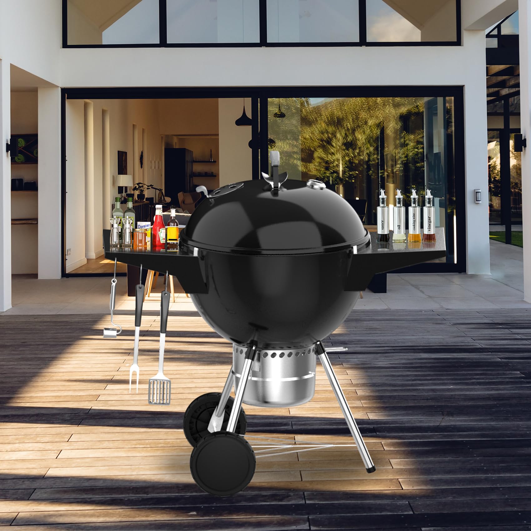 Charkettle - Estante de mesa para parrilla compatible con parrillas Weber de 22 pulgadas, parrilla de carbón para exteriores, accesorios de barbacoa con ganchos 7
