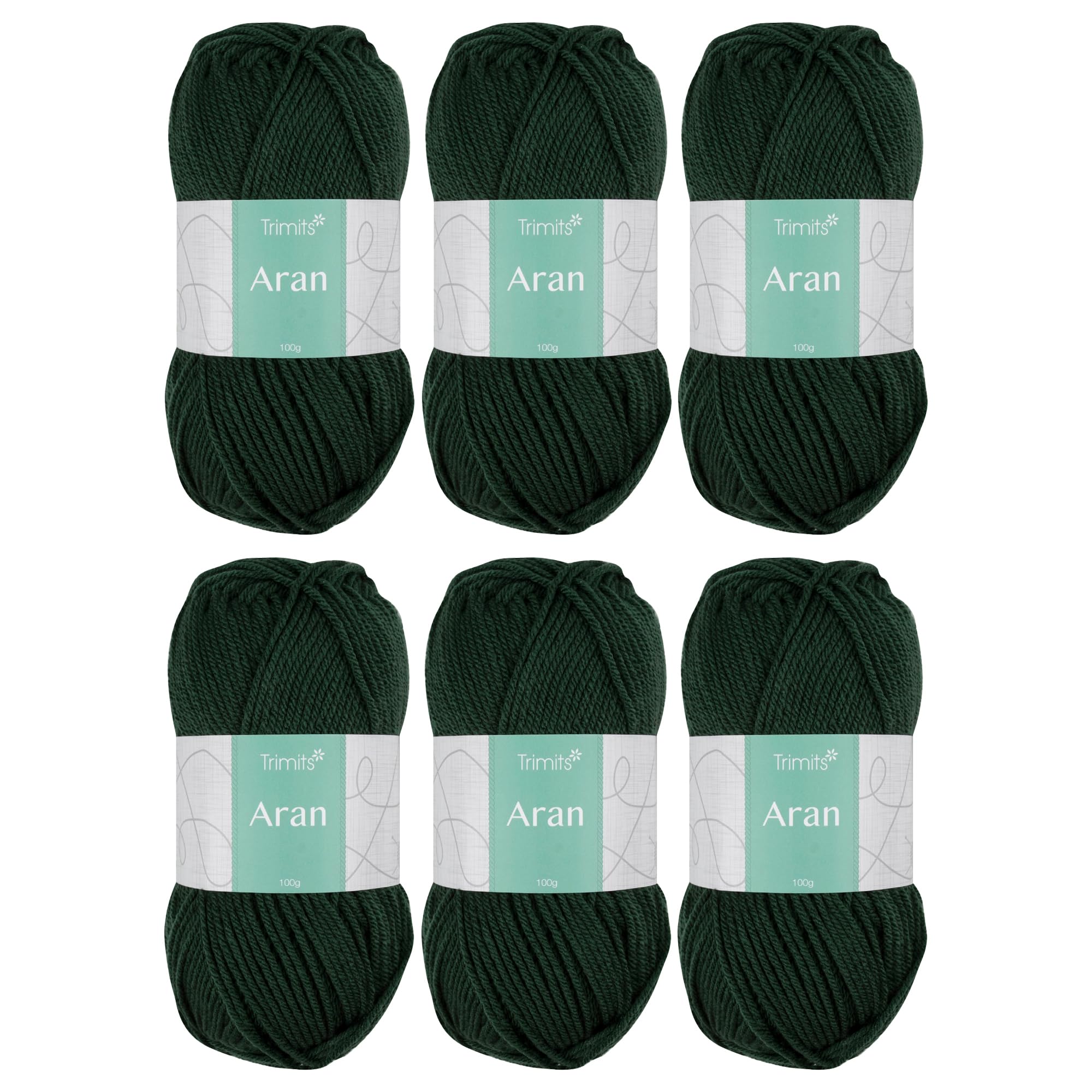 Trimits Yarn Aran Knitting Crochet Yarn - 6 x 100g Balls - Acrylic - Forest - 165m